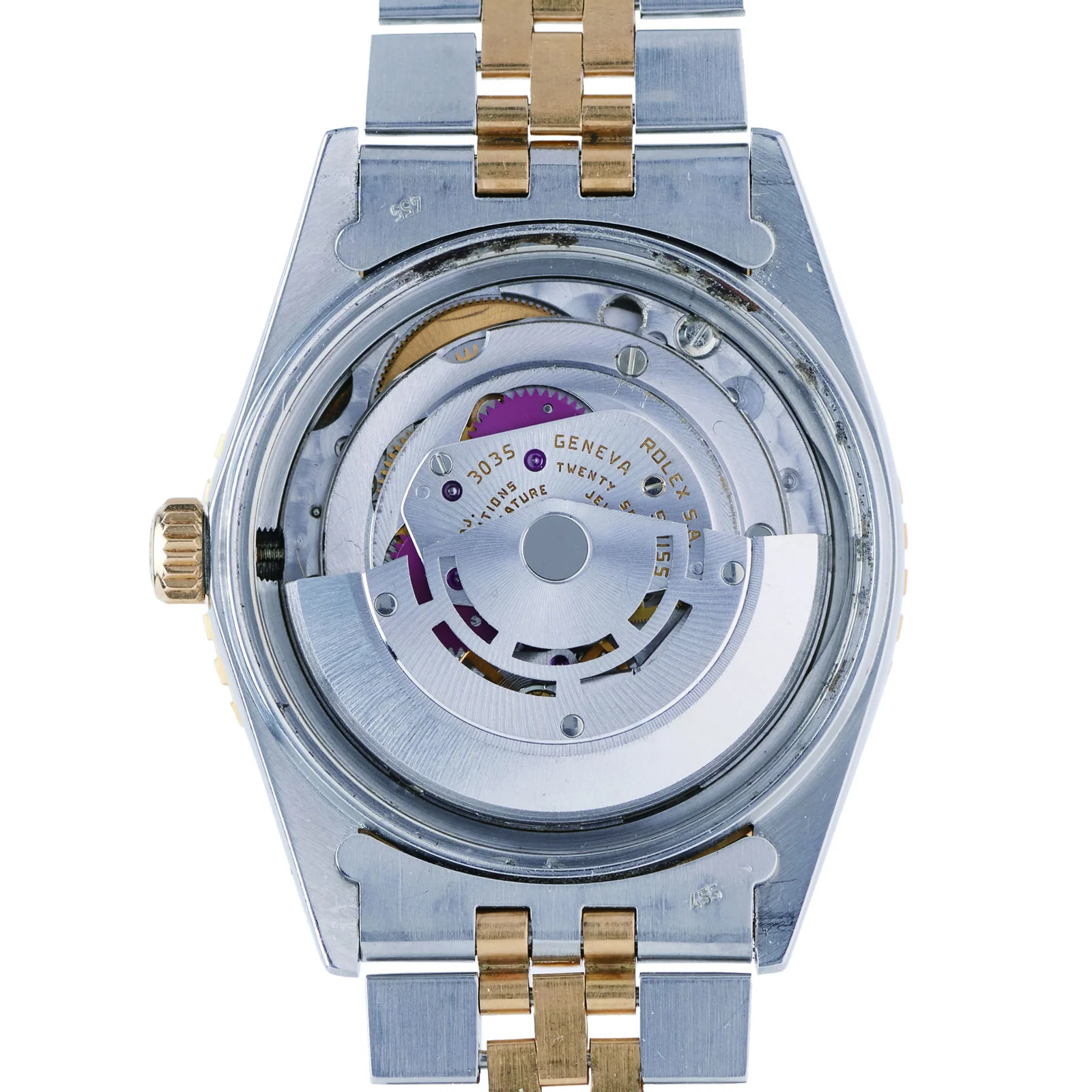 Calibre 3035 visible inside a two-tone Rolex Datejust Turn-O-Graph 16253