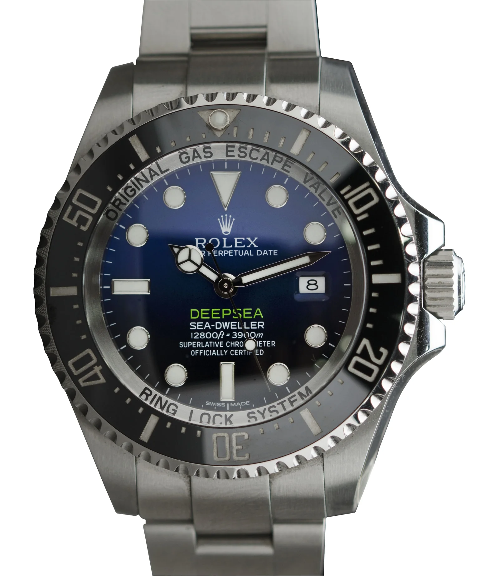 Front view of a D-blue Rolex Deepsea 116660