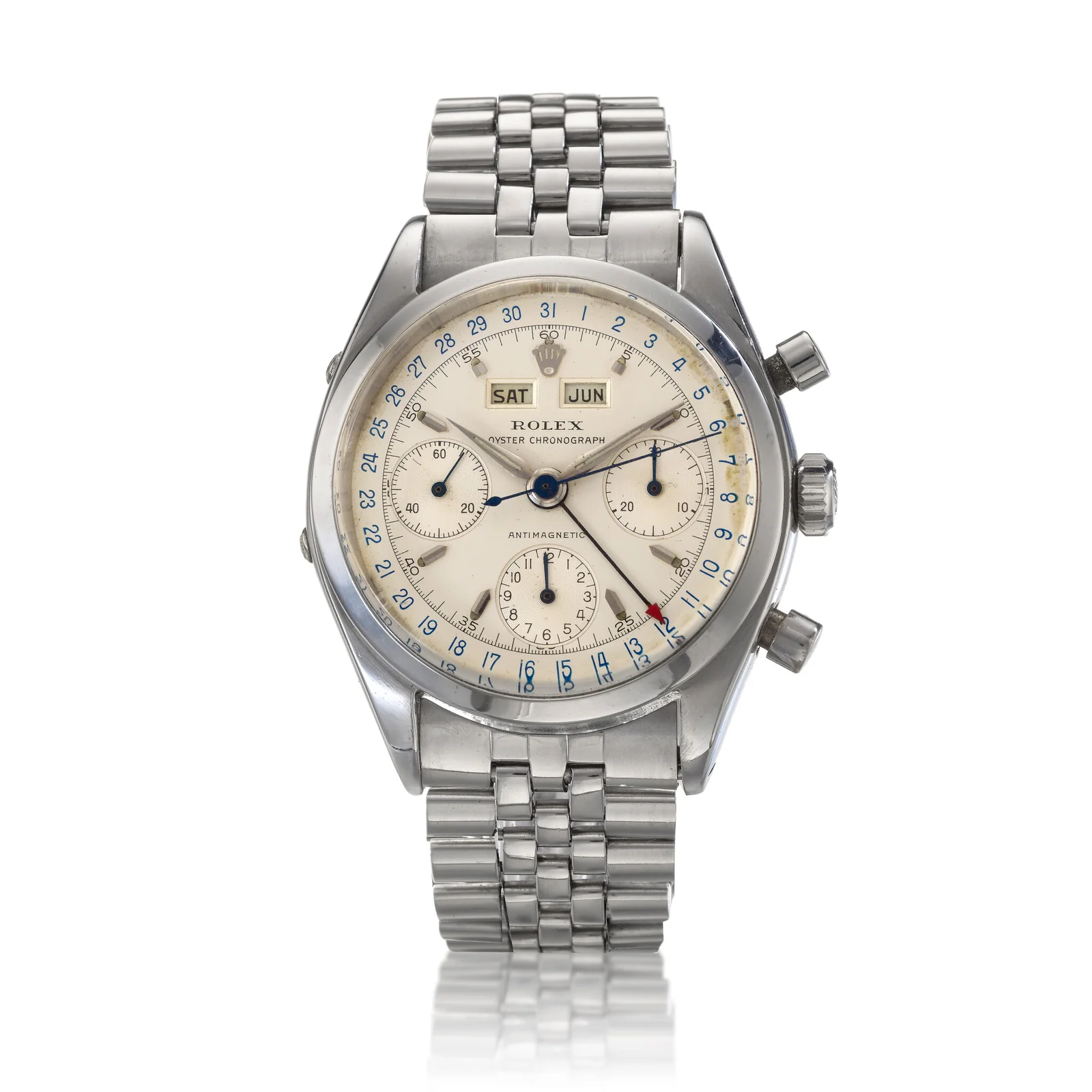 Full view of a steel Rolex reference 6236 with Jubilee bracelet