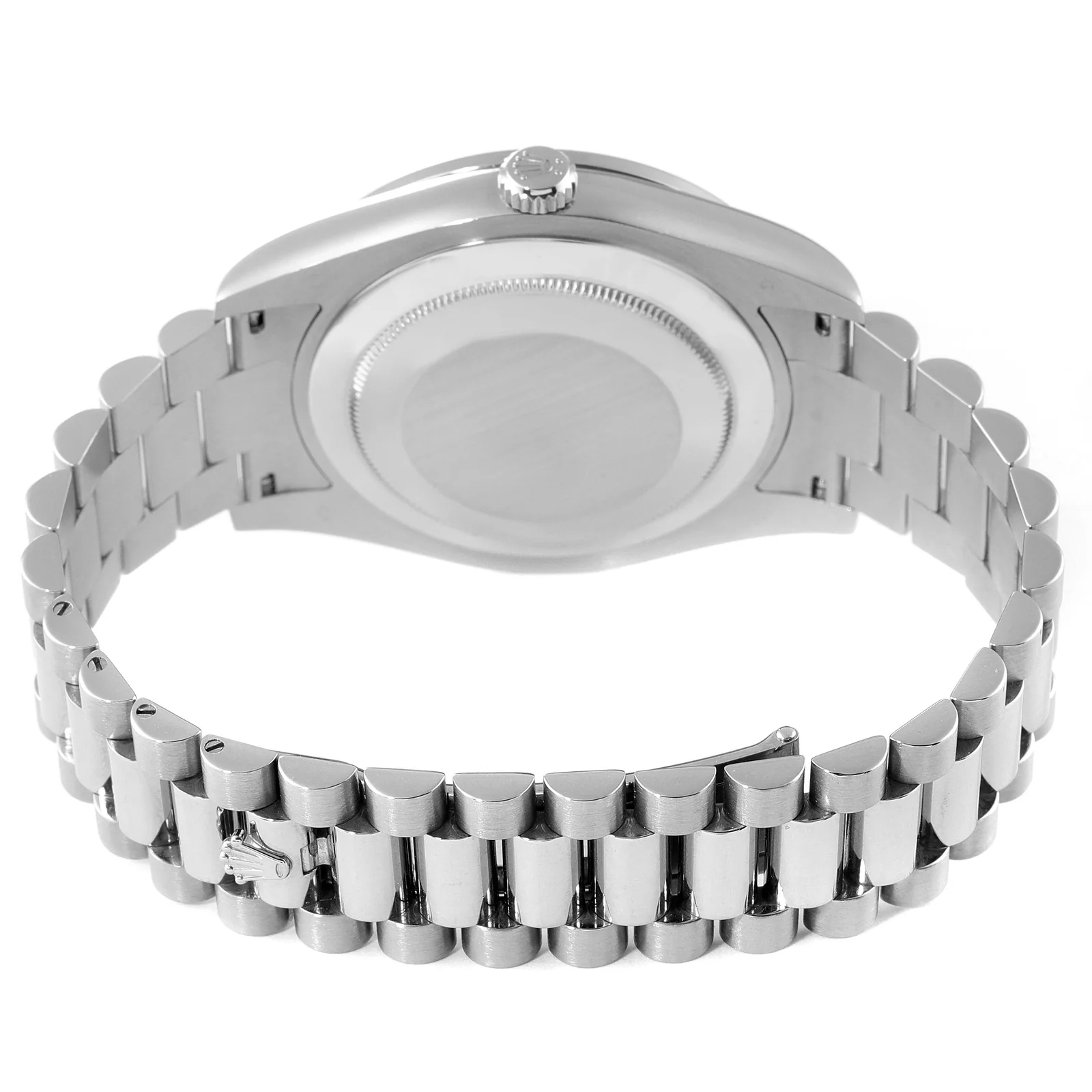 Underside view of the white-gold President bracelet on a Rolex Day-Date II ref. 218349.