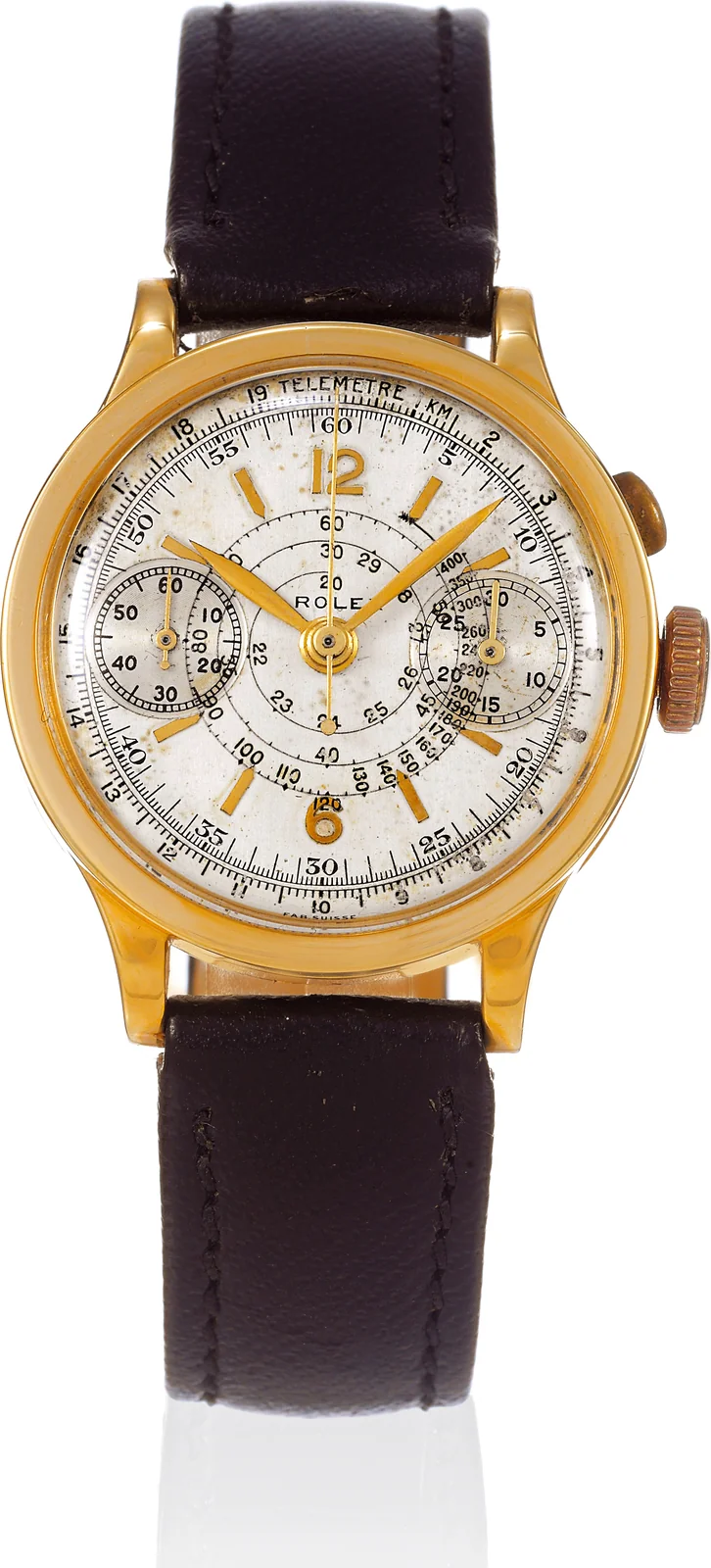 Yellow-gold Rolex ref. 2507 monopusher chronograph with a silvered multi-scale dial
