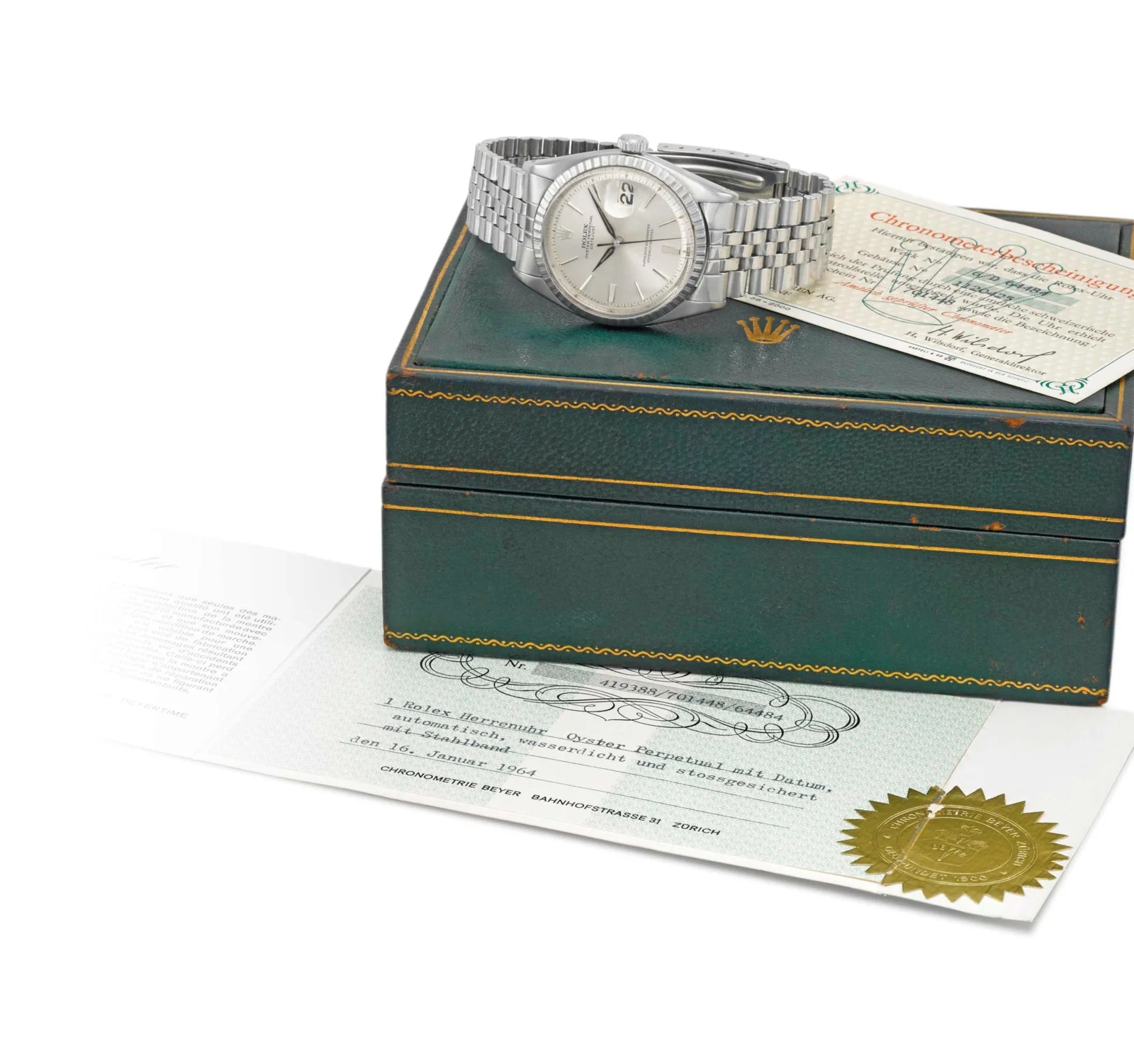 Rolex Datejust ref. 1603, case 701448, identified by Christie's as made in 1961; photographed with its box and guarantee