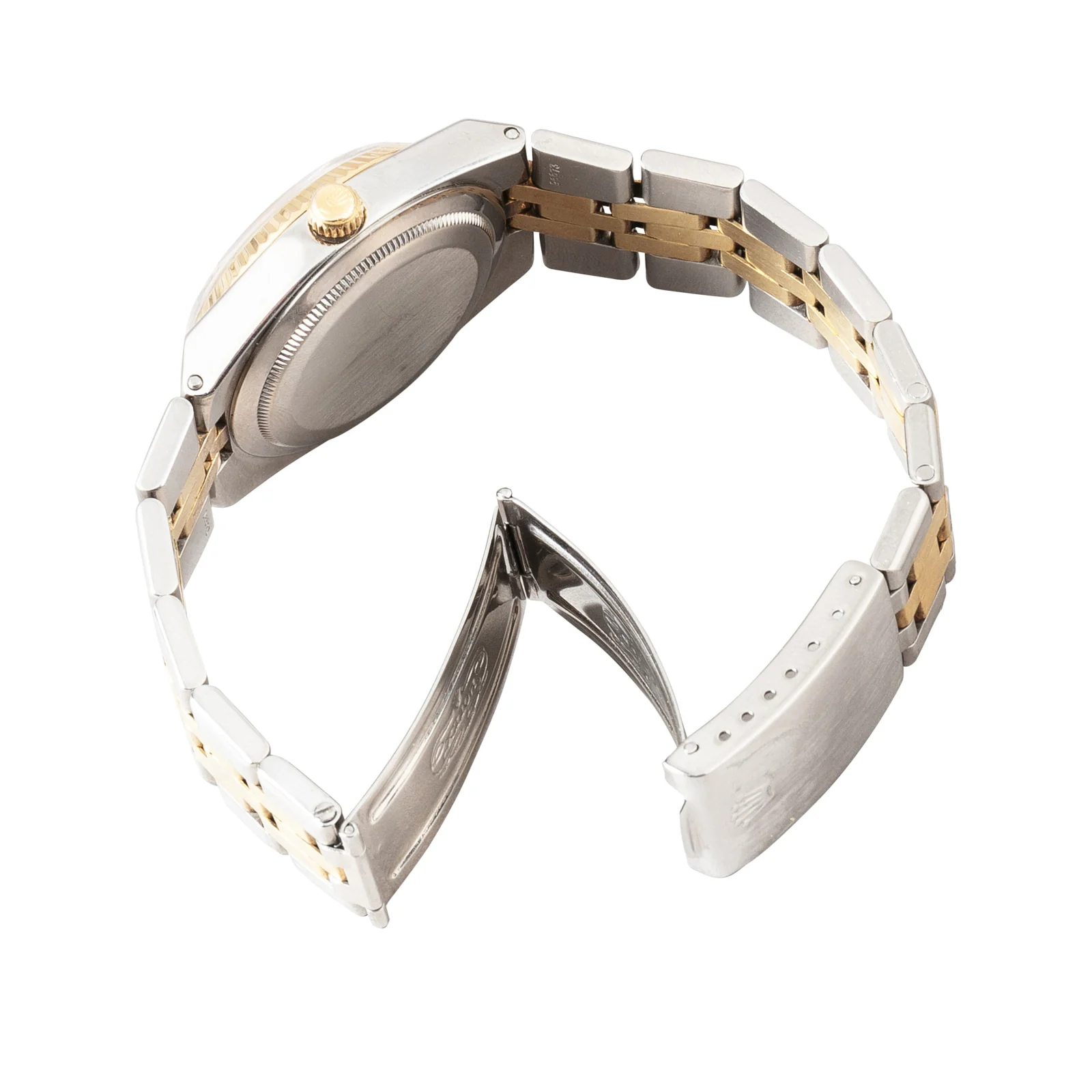 Underside view of the Datejust 1630 showing the caseback and integrated bracelet.