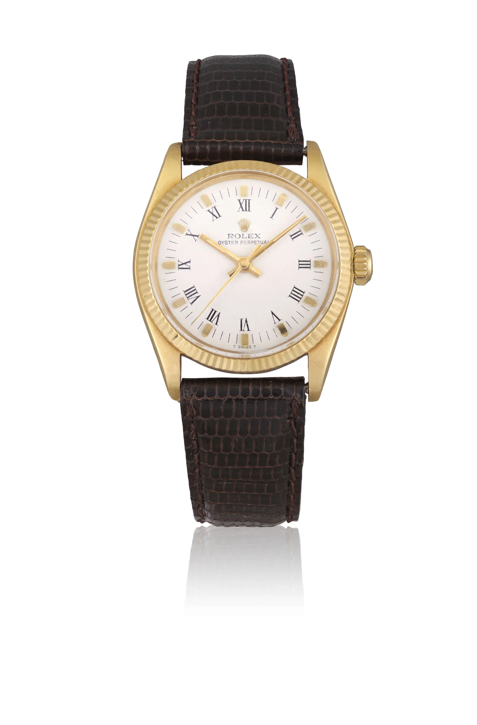 Yellow-gold Rolex Oyster Perpetual 6751 with silvered Roman-numeral dial and brown strap