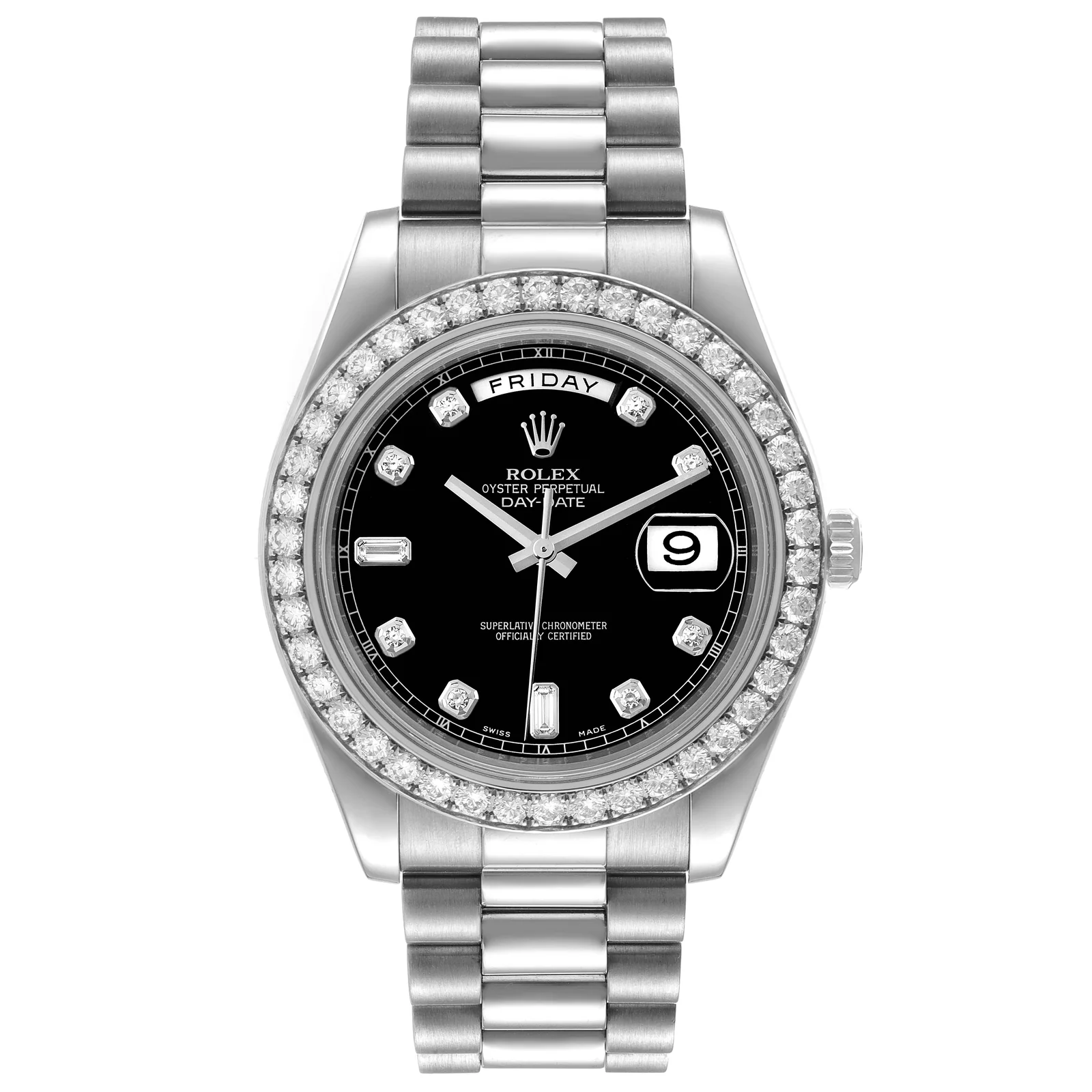 Rolex Day-Date II ref. 218349 in 18 ct white gold, with black diamond-marker dial, diamond-set bezel, and President bracelet.