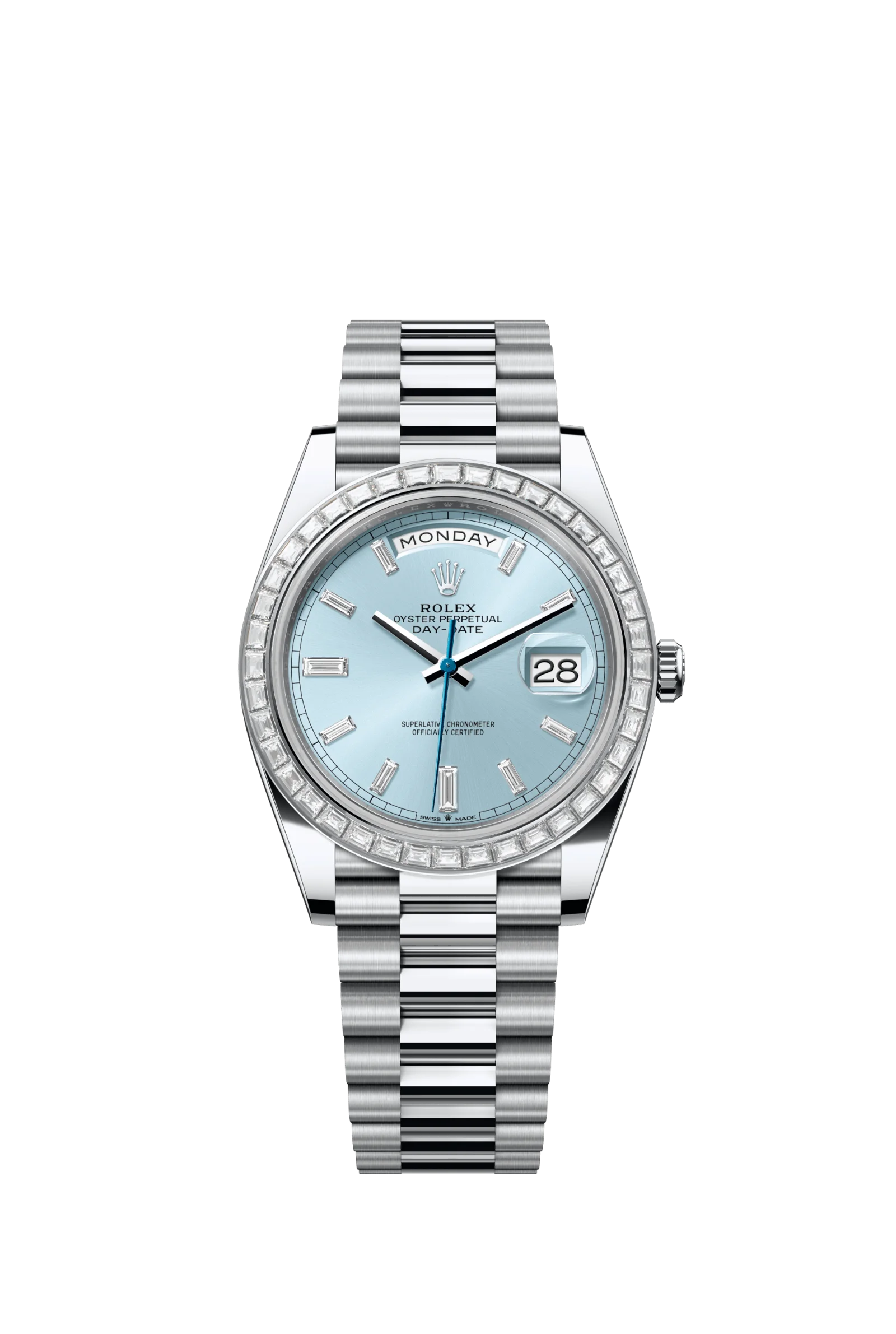 Platinum Rolex Day-Date 40 reference 228396TBR with ice-blue dial, baguette diamond bezel and President bracelet