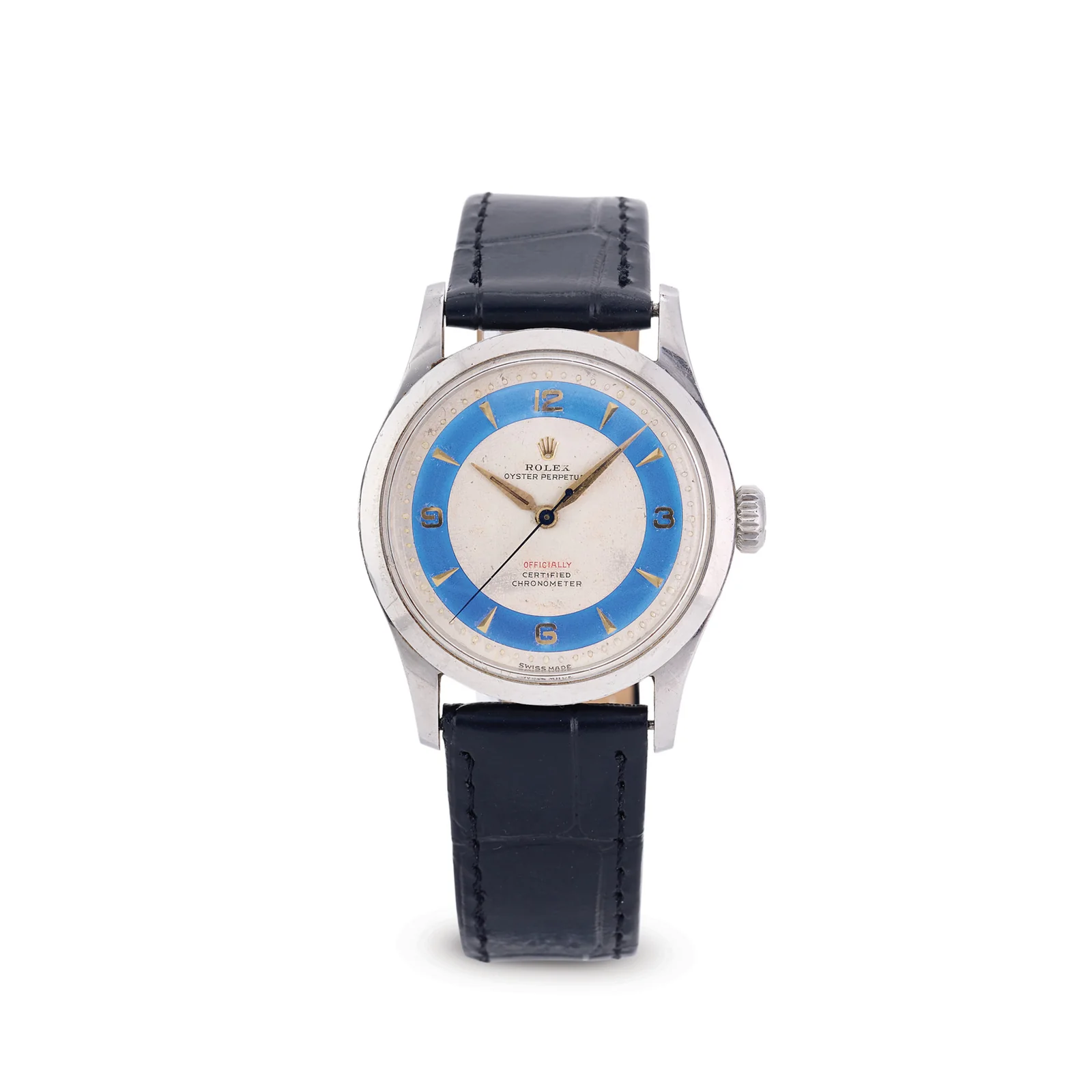Steel Rolex Oyster Perpetual ref. 6332 with a blue enamel outer dial ring, catalogued by Antiquorum in 2024