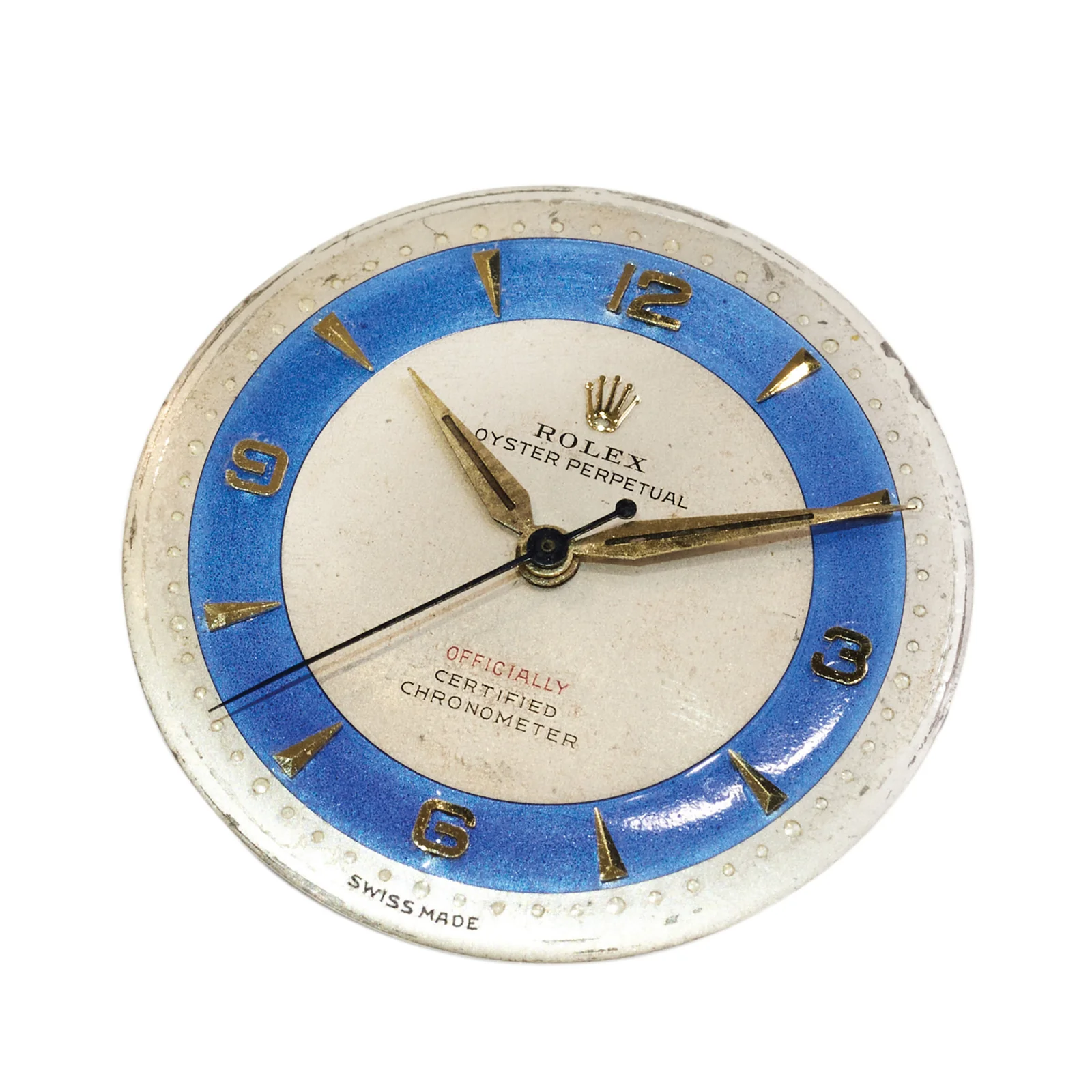 Close view of the blue and silver dial on Antiquorum's 2024 Rolex 6332