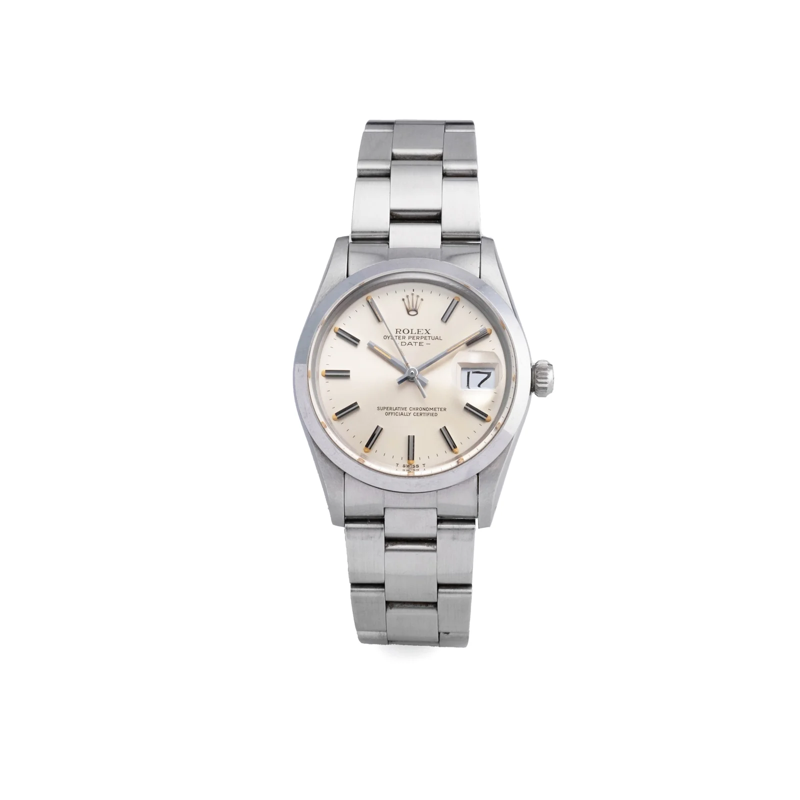 Stainless-steel Rolex Oyster Perpetual Date ref. 15000 with a silver baton dial and Oyster bracelet
