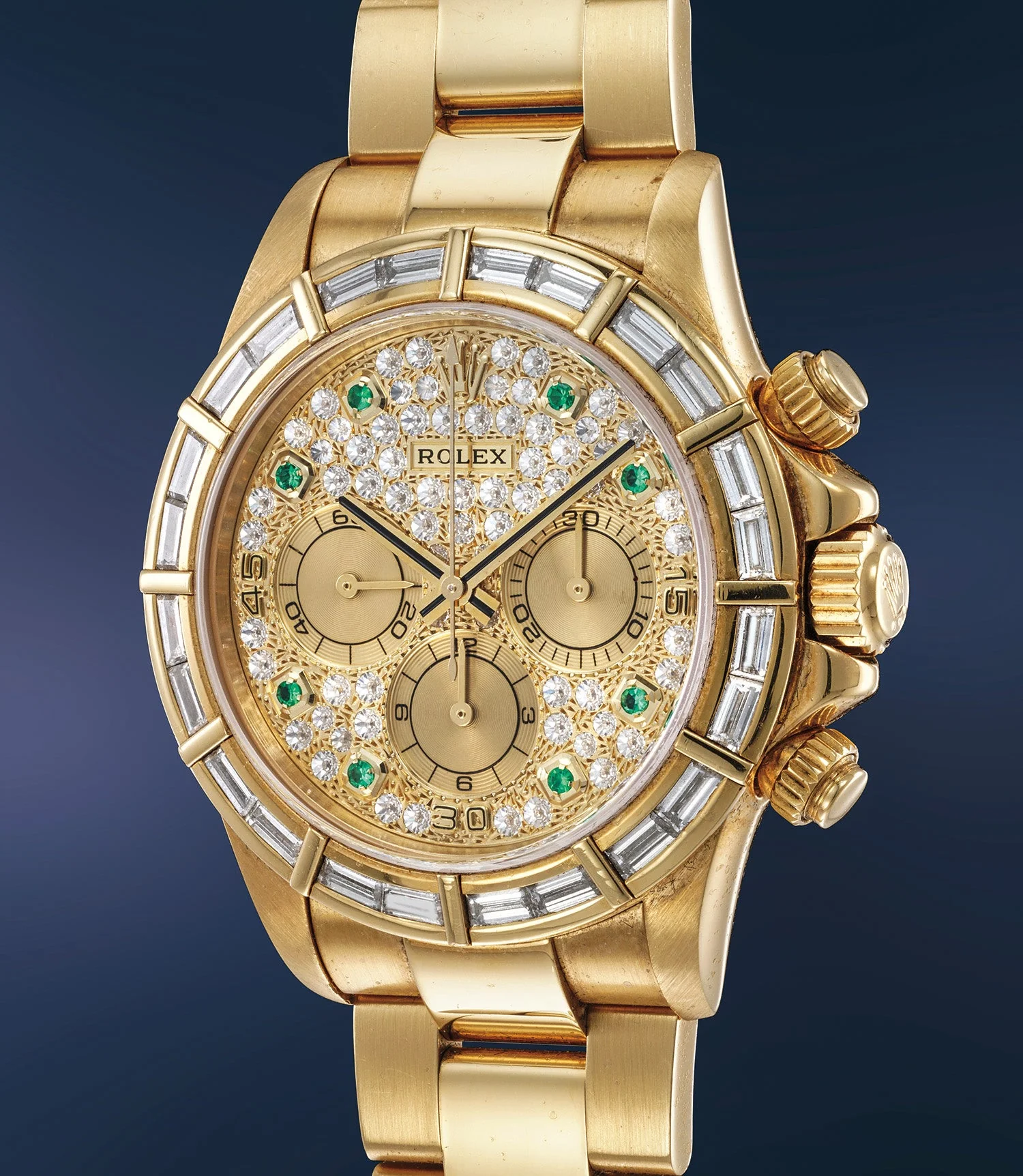 Yellow-gold Rolex Daytona 16568 with diamond bezel and pavé dial with emerald markers