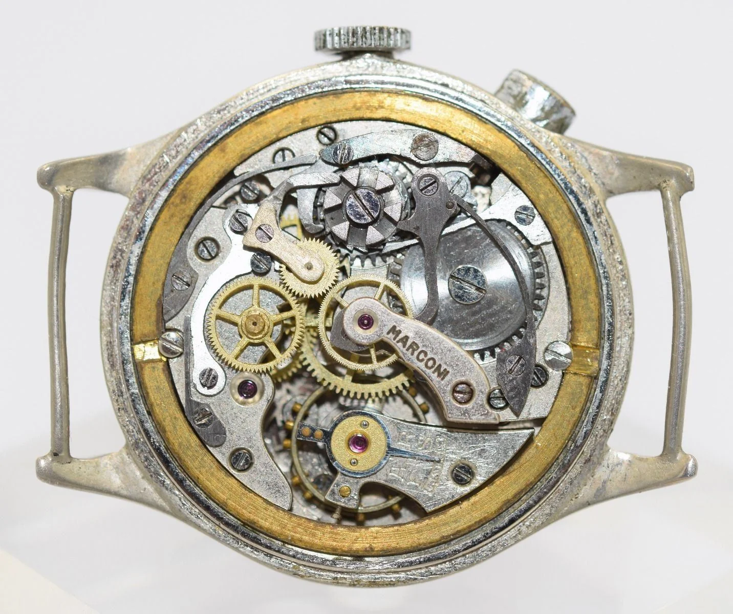 Open movement from a separate Rolex Marconi watch; MARCONI is visible on the bridge