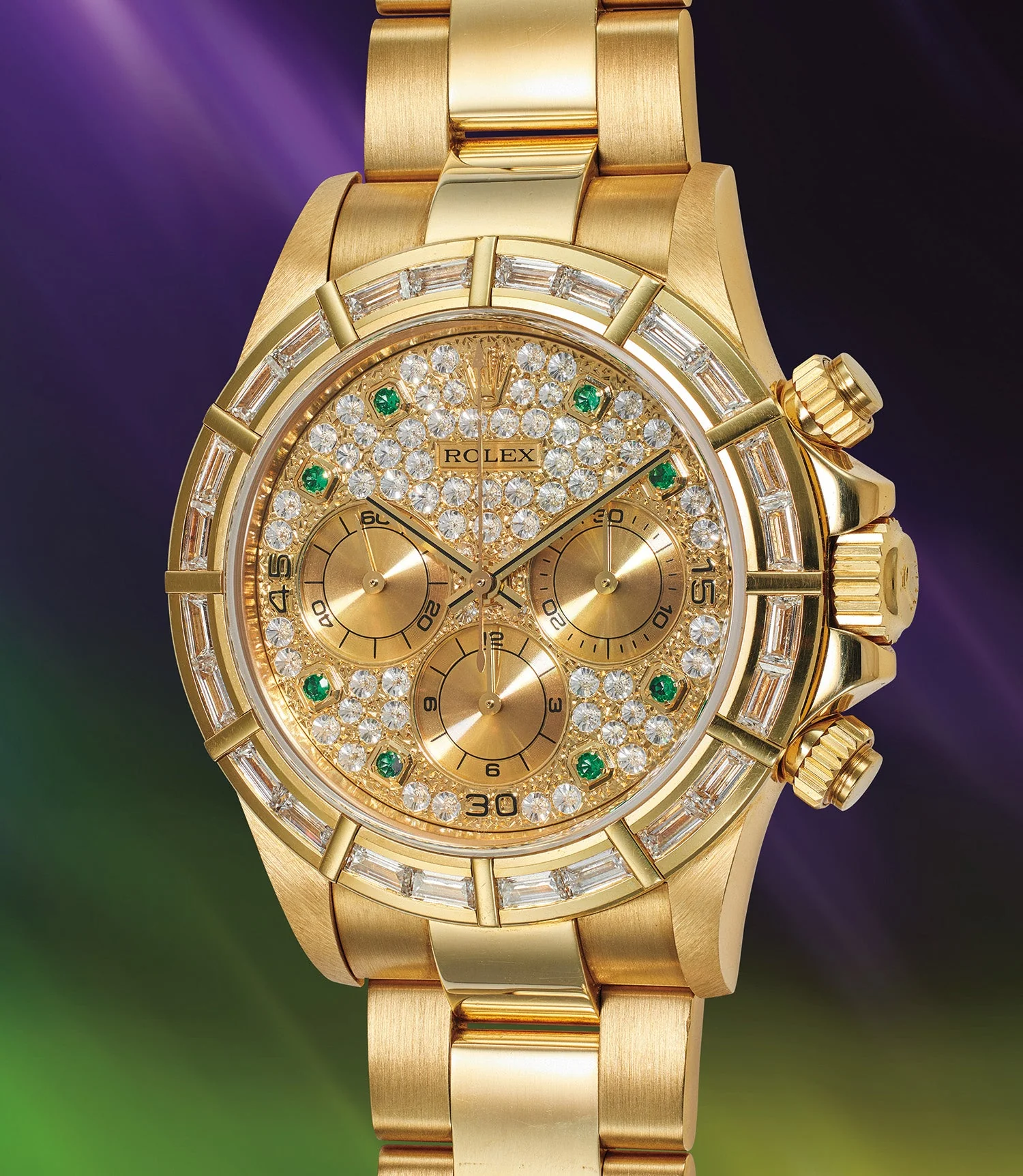 Diamond-set champagne dial with matching counters and emerald markers, case W176600. Photograph: Phillips.