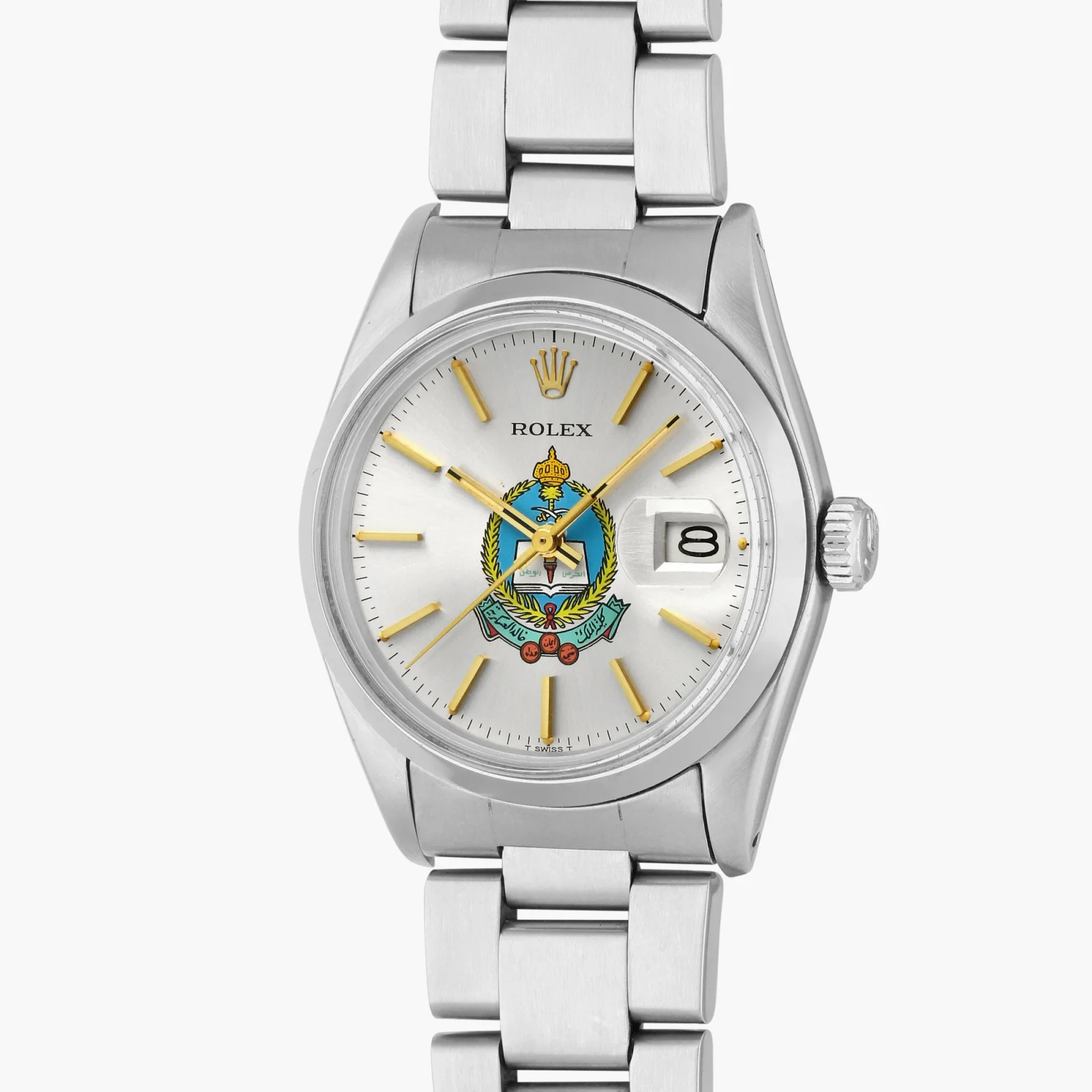 Close view of a Rolex Datejust 16000 dial with the King Khalid Military Academy crest