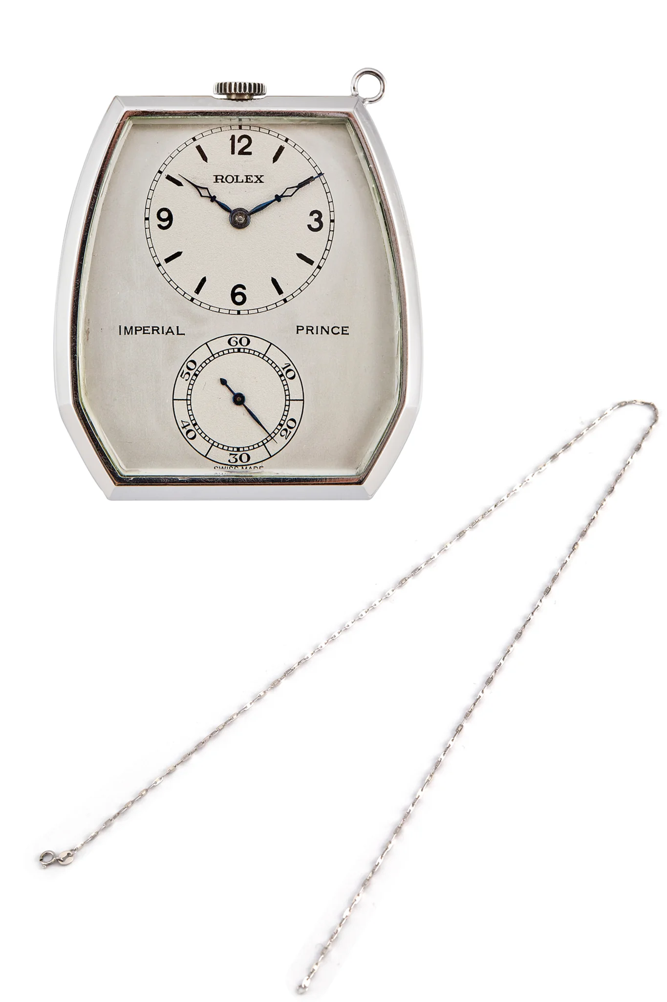 White-gold Rolex Prince Imperial 1586 pocket watch with irregular hexagonal case and separate seconds