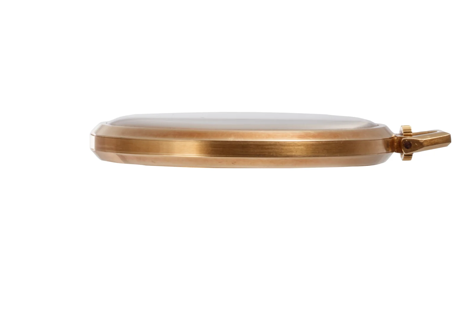Side profile of the gold Rolex ref. 2791 pocket watch, showing its case and bow