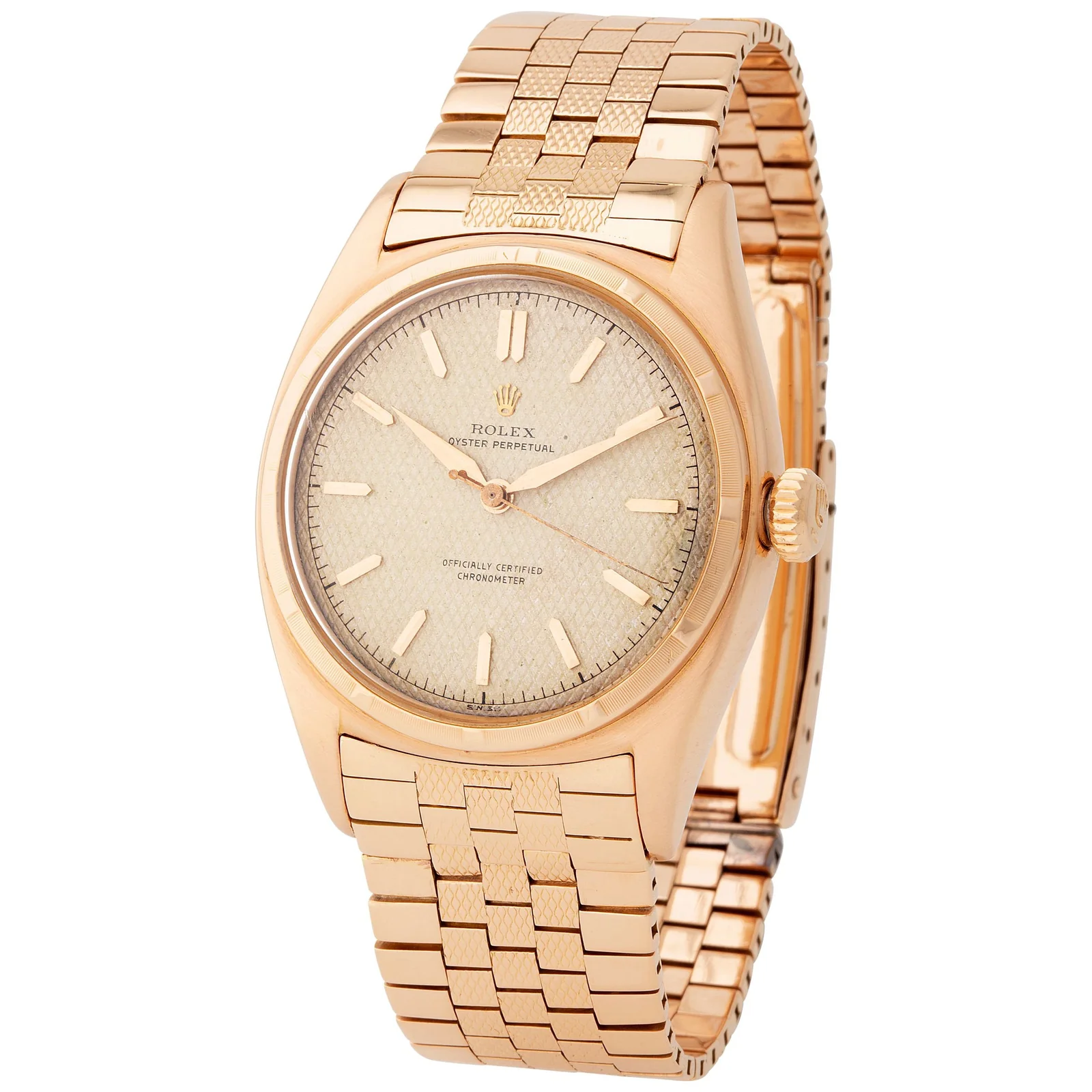 Pink-gold Rolex Oyster Perpetual reference 6029, case 706020, with honeycomb dial and tile-link bracelet