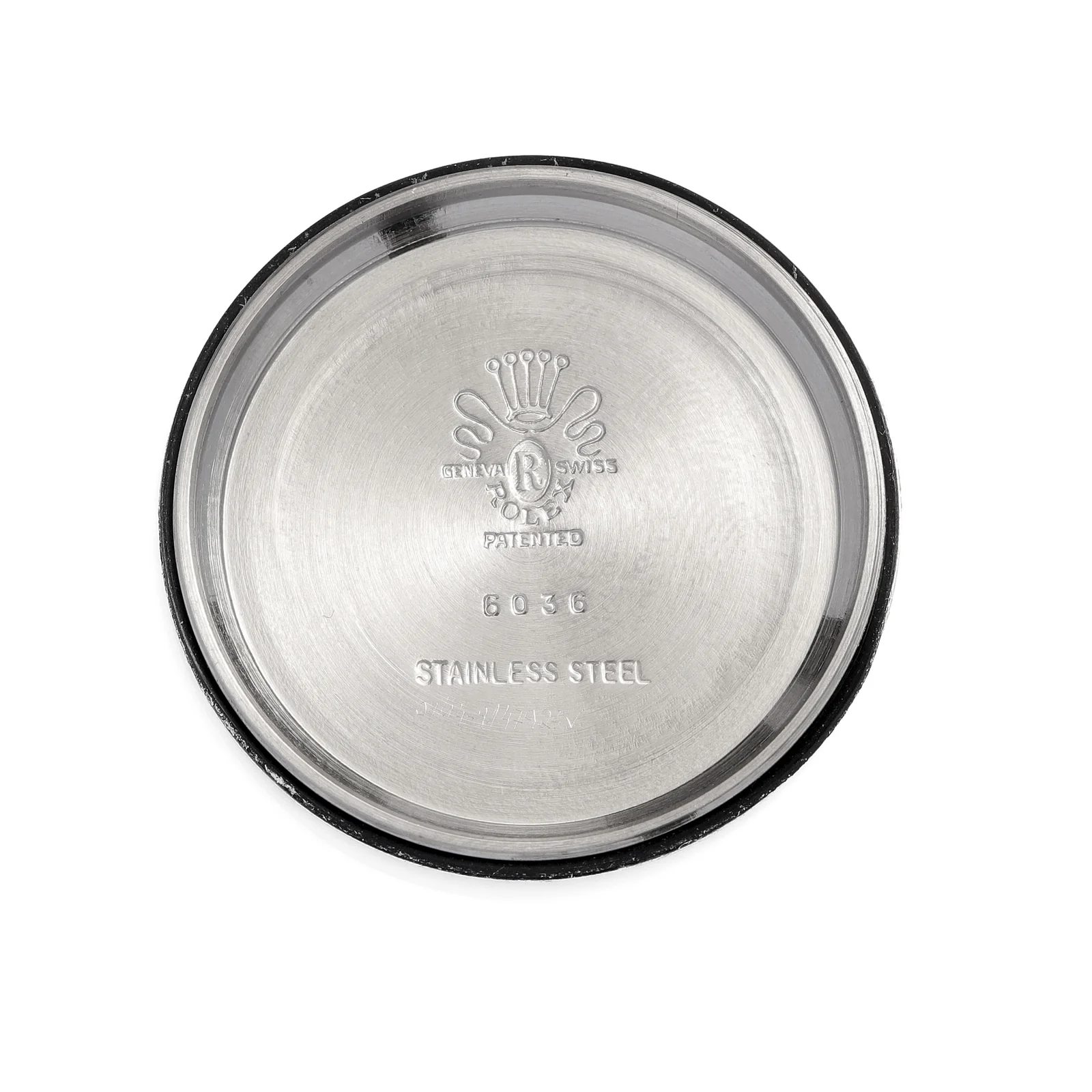 Inside caseback stamped 6036 and stainless steel. Photo: Antiquorum.