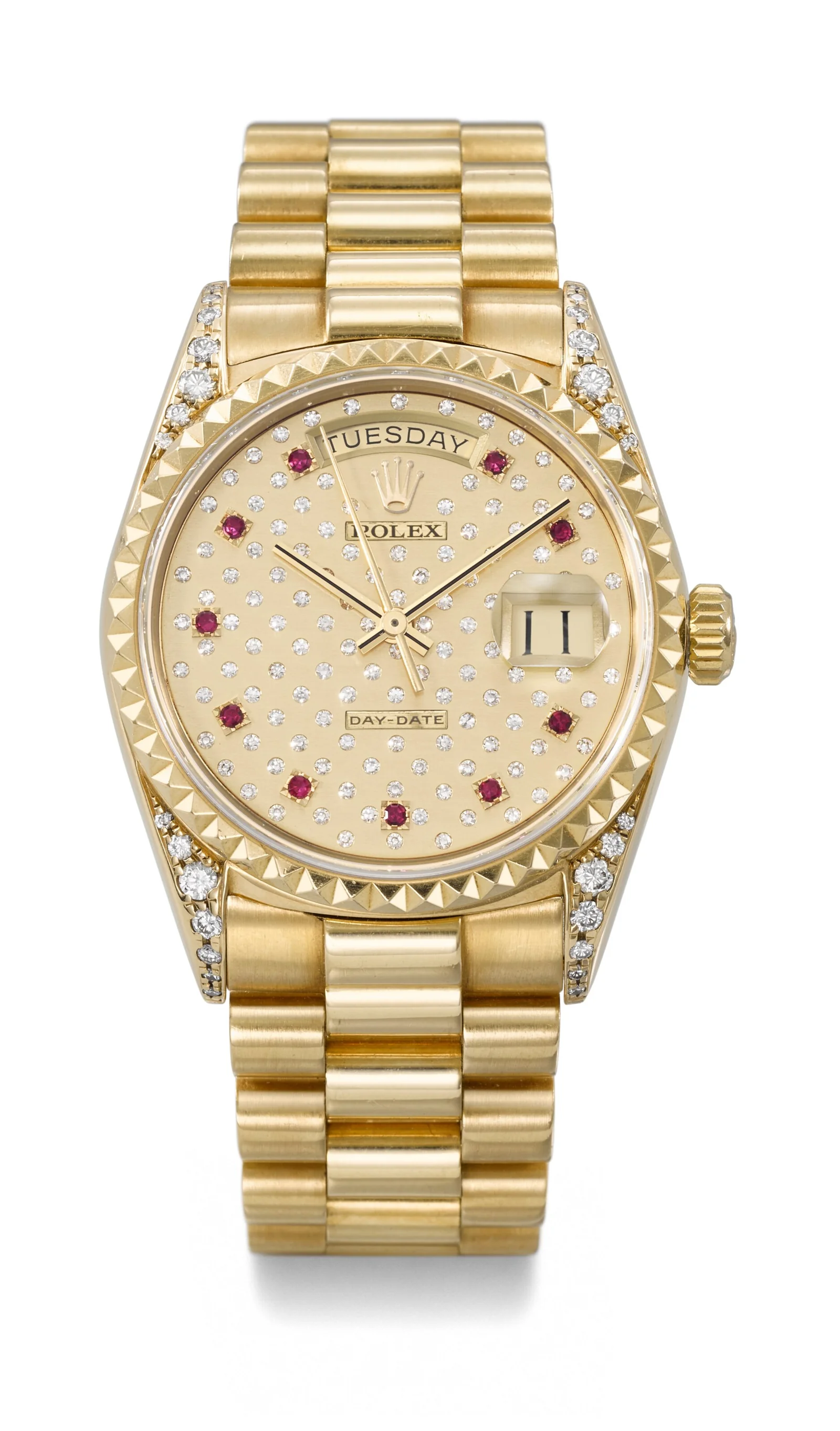 Yellow-gold Rolex Day-Date 18018 with a pyramid bezel and gem-set Pleiades dial