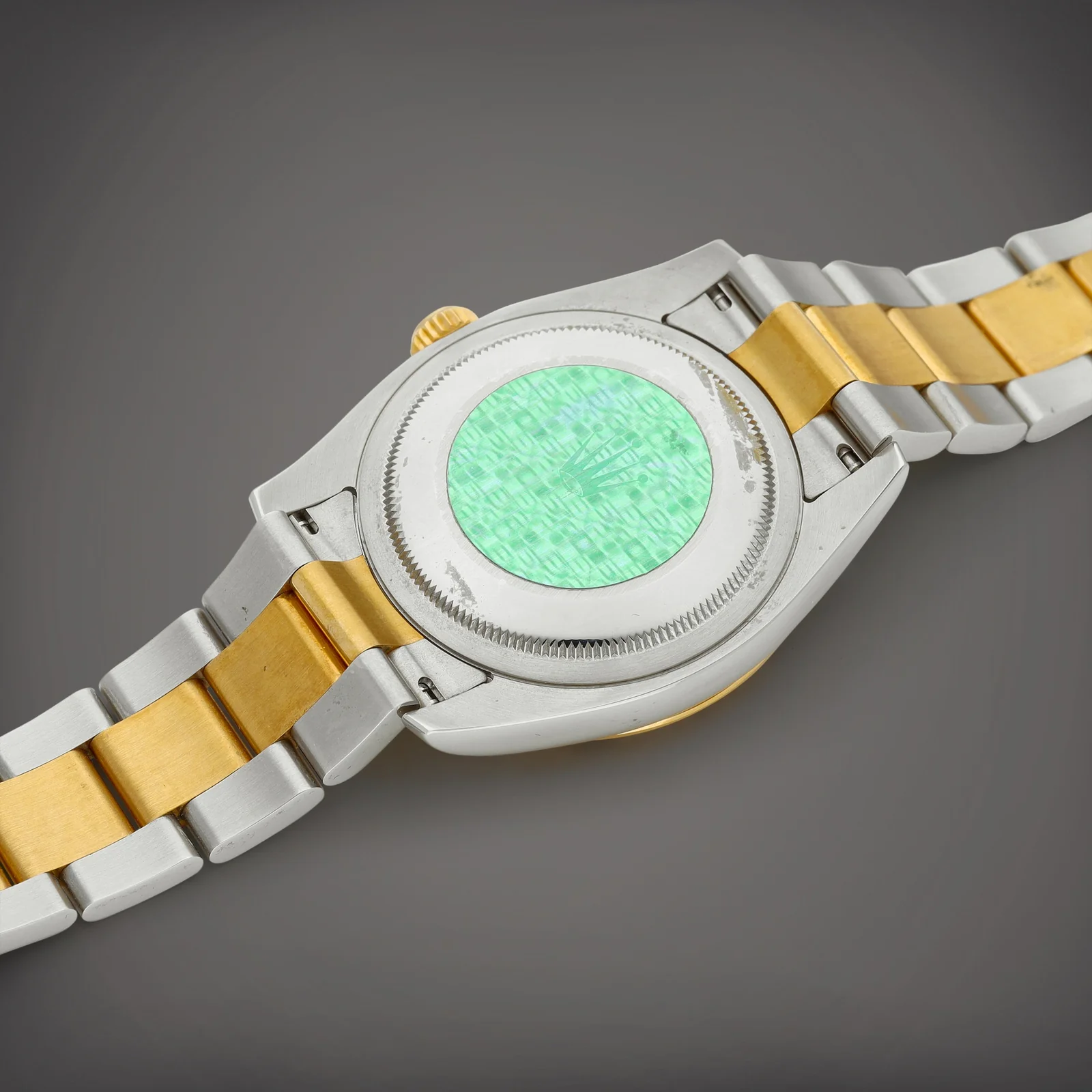 Outer caseback and two-tone Oyster bracelet of Sotheby's circa-2004 Rolex 116263