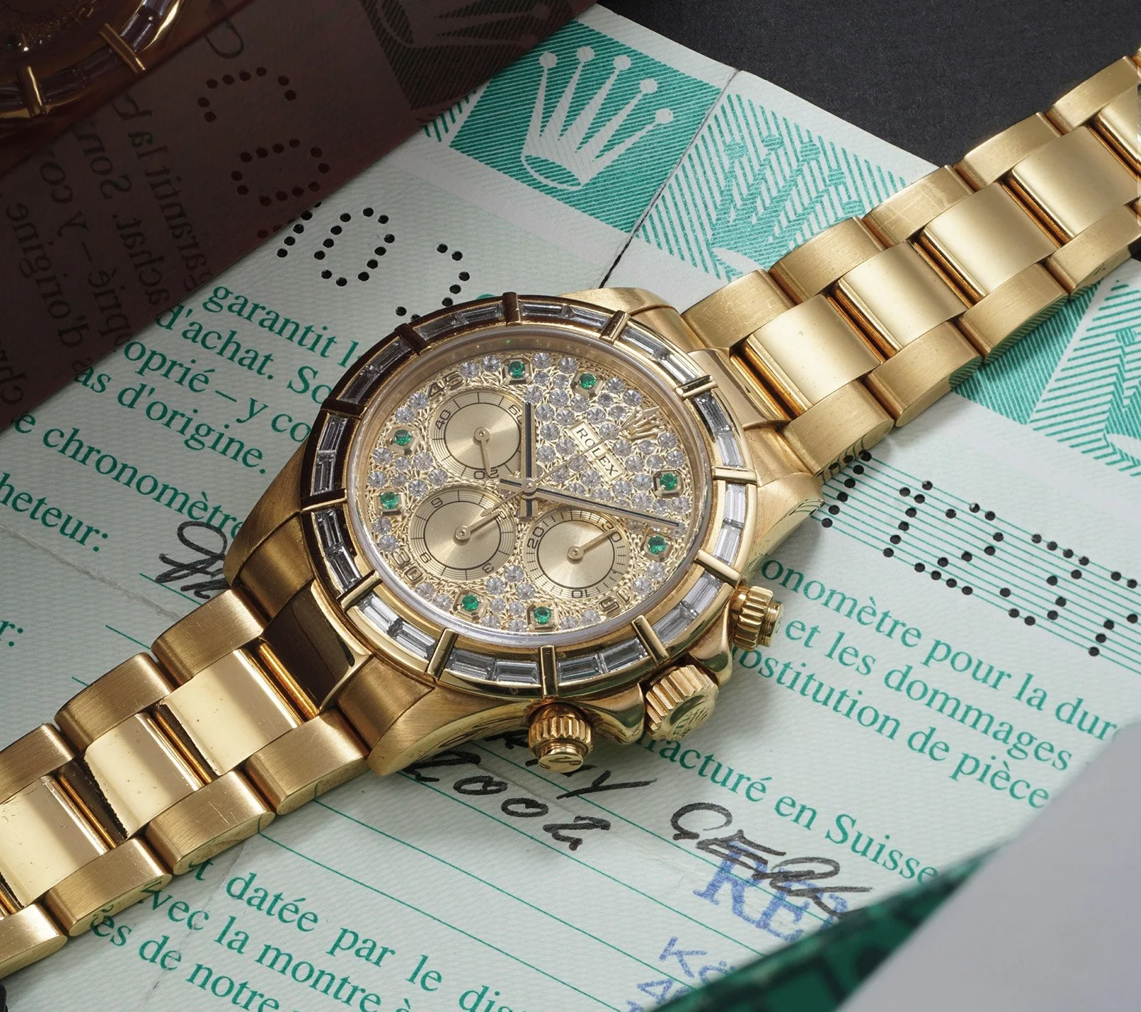 Pavé dial with emerald numerals, case W123747. Photograph: Phillips.