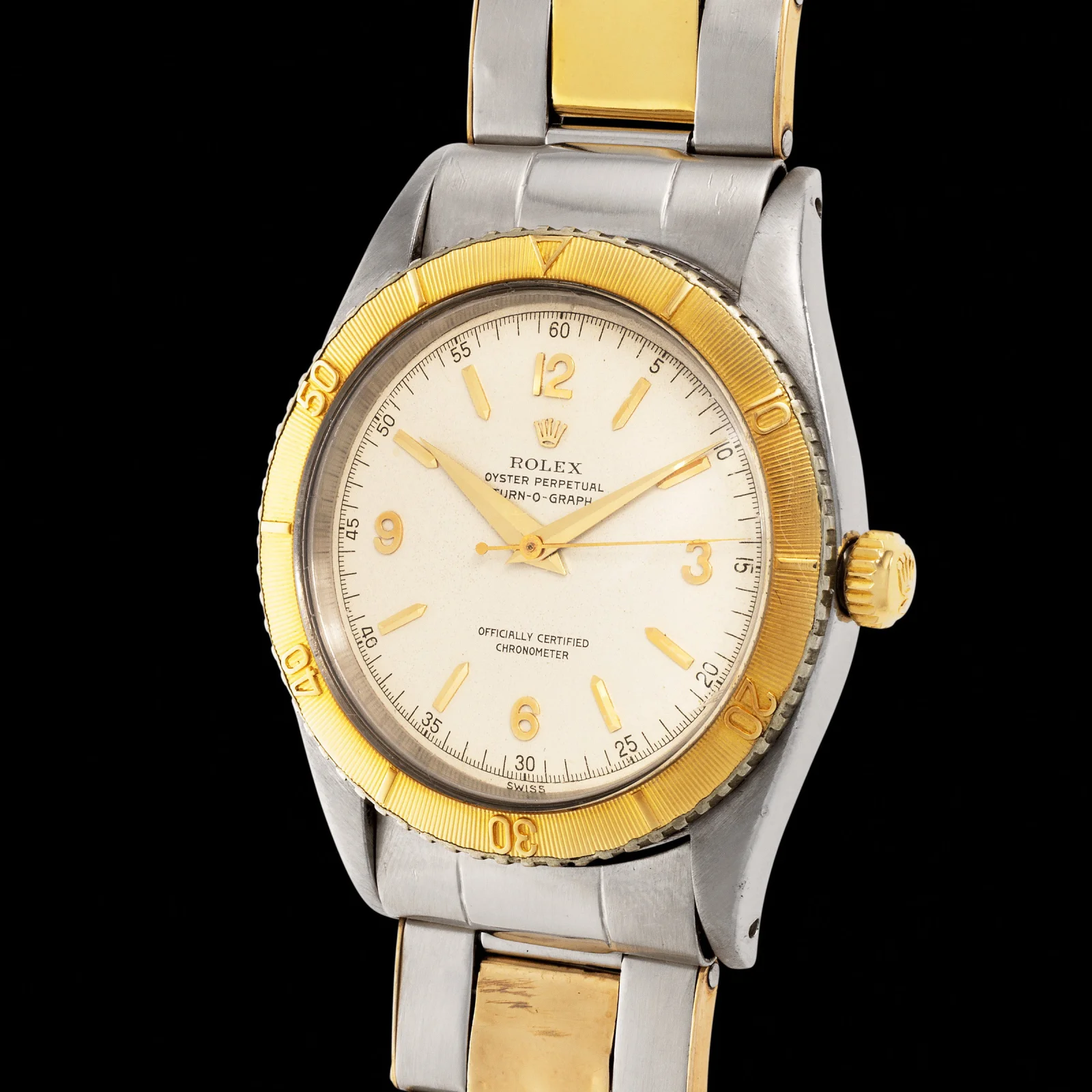 Monaco Legend lot 107, case 953749; steel-and-gold case and light dial