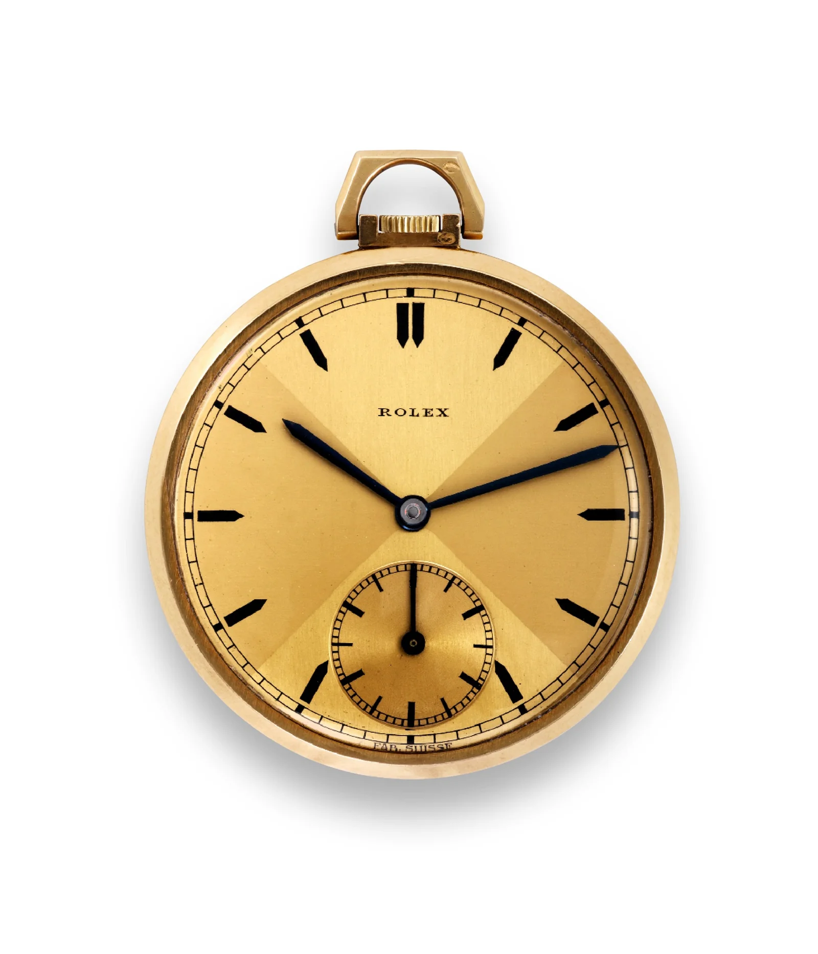Gold Rolex pocket watch attributed to ref. 2791 with a champagne dial and black dart markers