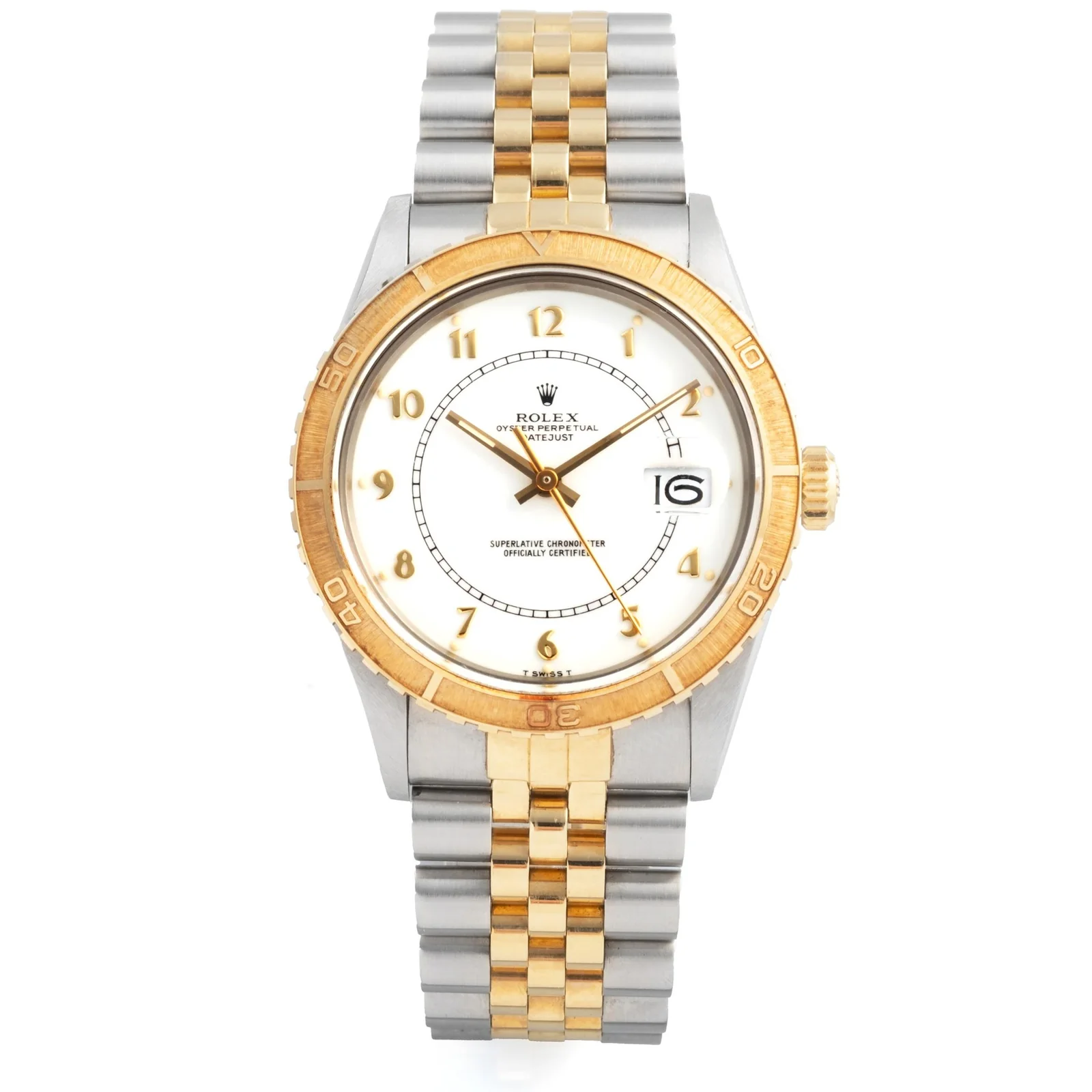 Two-tone Rolex Datejust Turn-O-Graph reference 16253 with white dial and yellow-gold rotating bezel