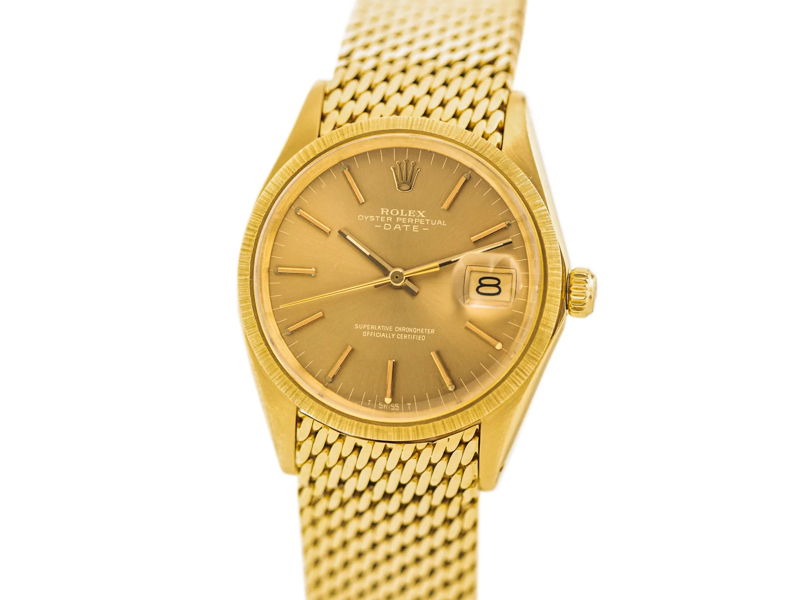 Yellow-gold Rolex Oyster Perpetual Date ref. 1511 with champagne dial and gold mesh bracelet