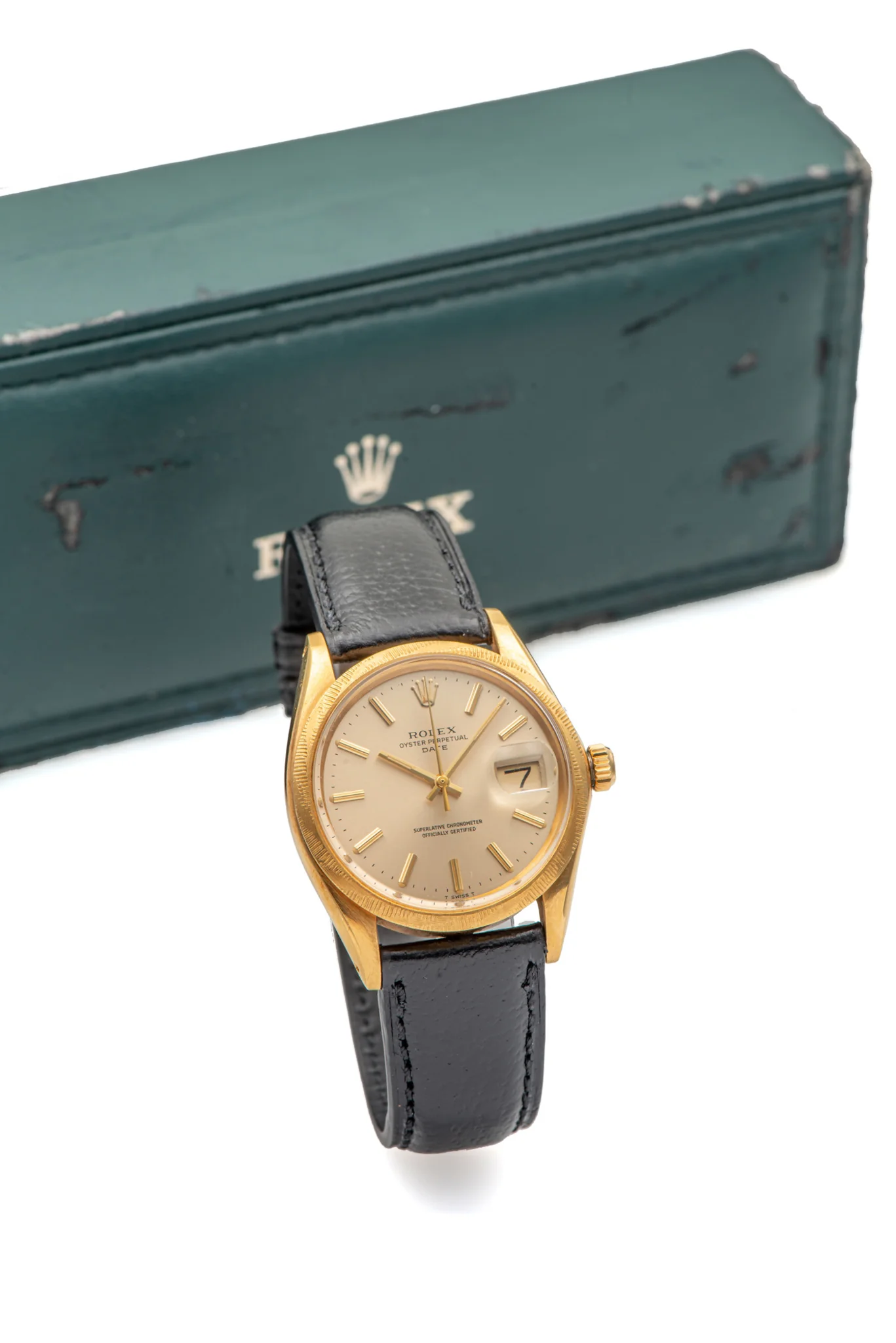 Yellow-gold Rolex Oyster Perpetual Date ref. 1513 on a leather strap