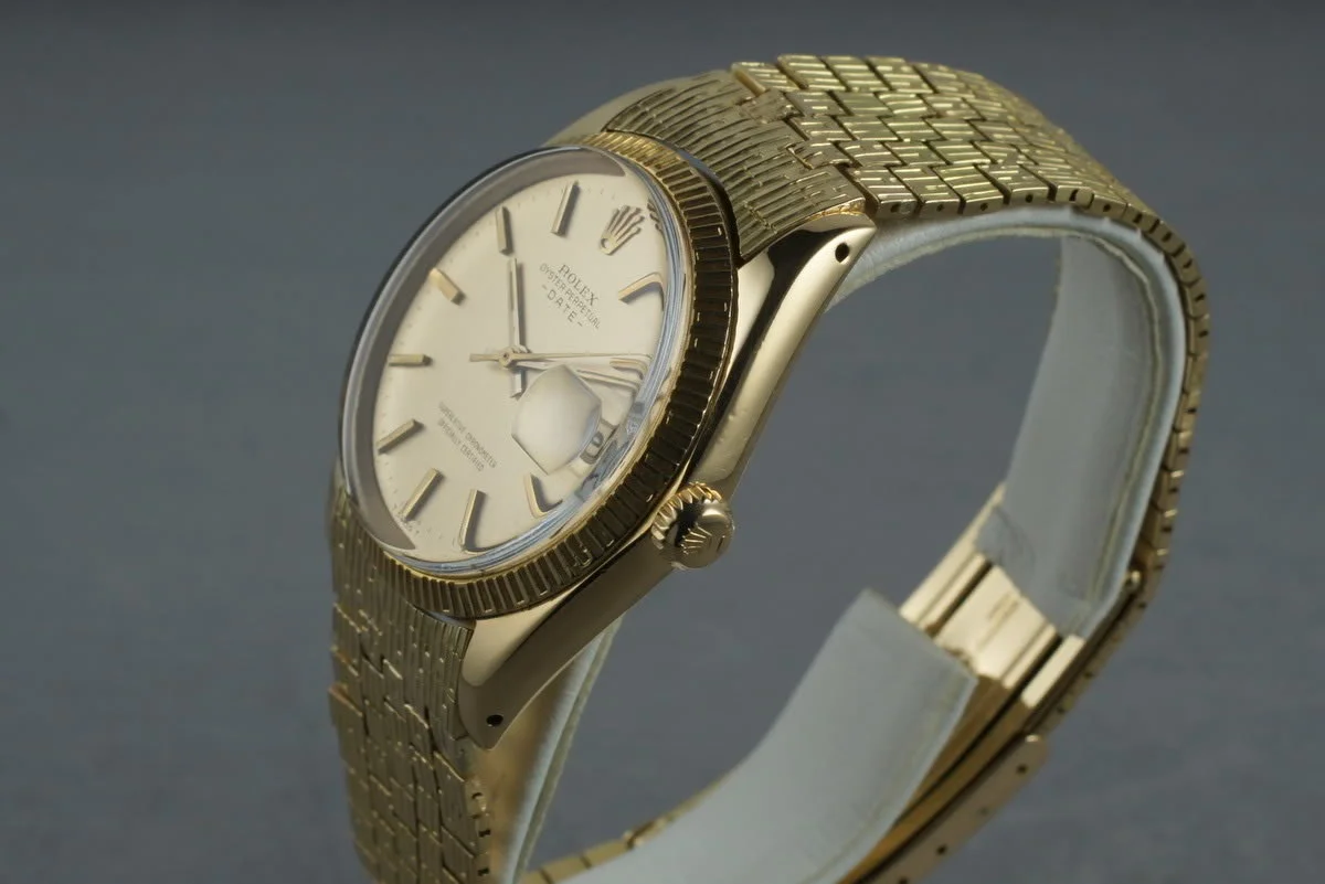 Yellow-gold Rolex Oyster Perpetual Date ref. 1509 with patterned bezel and bracelet