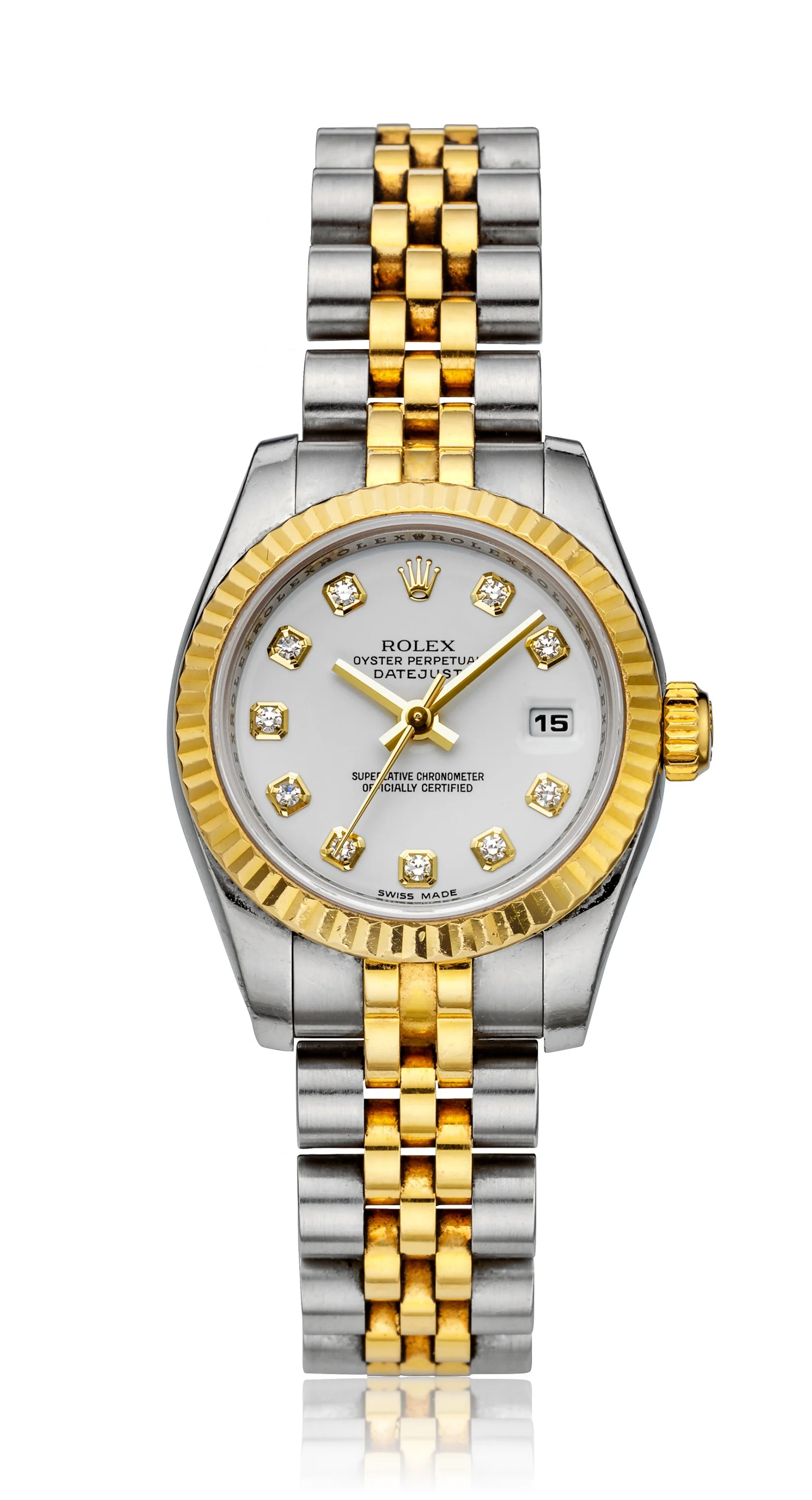 Rolex Lady-Datejust ref. 179173 with a white diamond-index dial, fluted yellow-gold bezel and Jubilee bracelet.