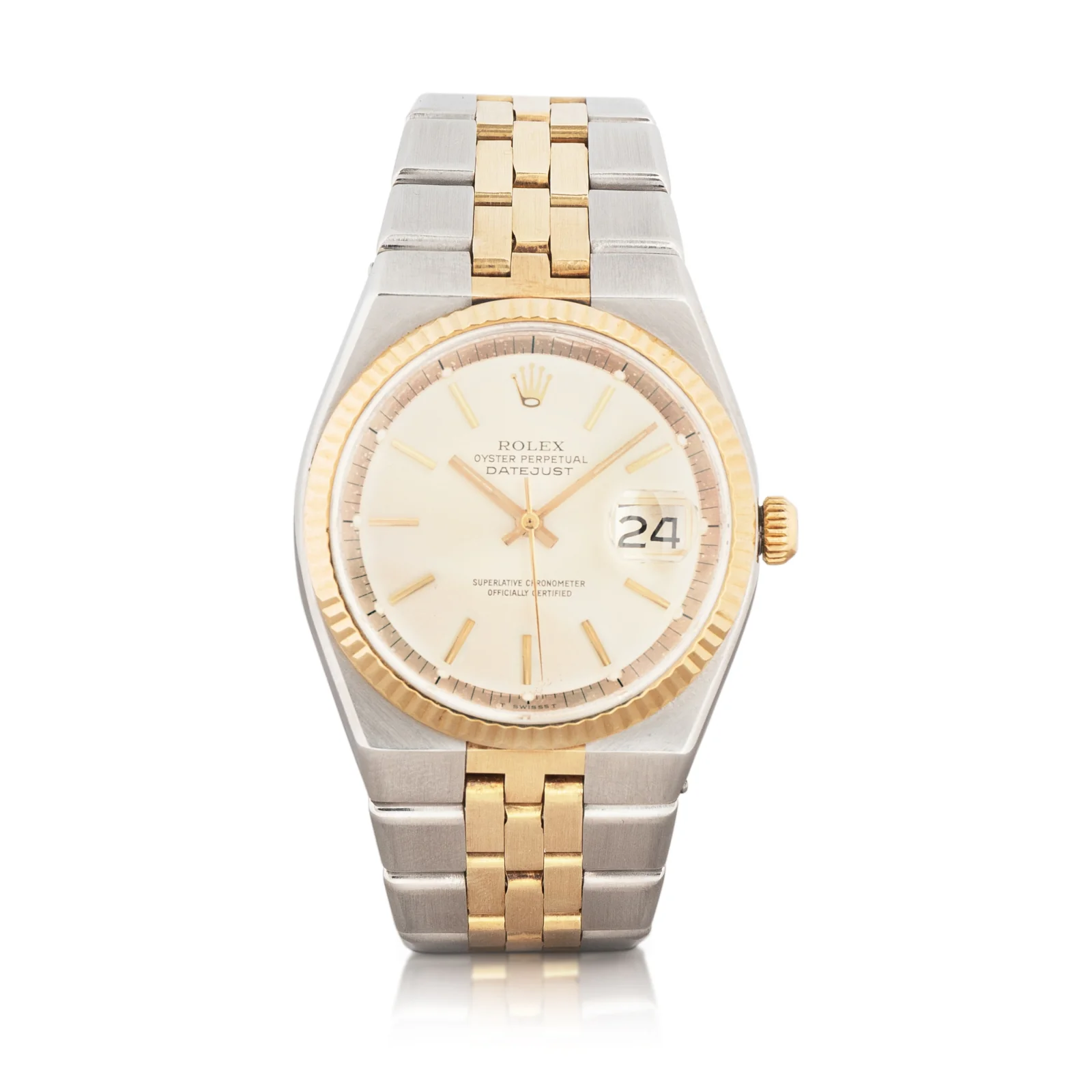 Front view of a two-tone Rolex Datejust 1630 with champagne dial, fluted bezel and integrated bracelet.