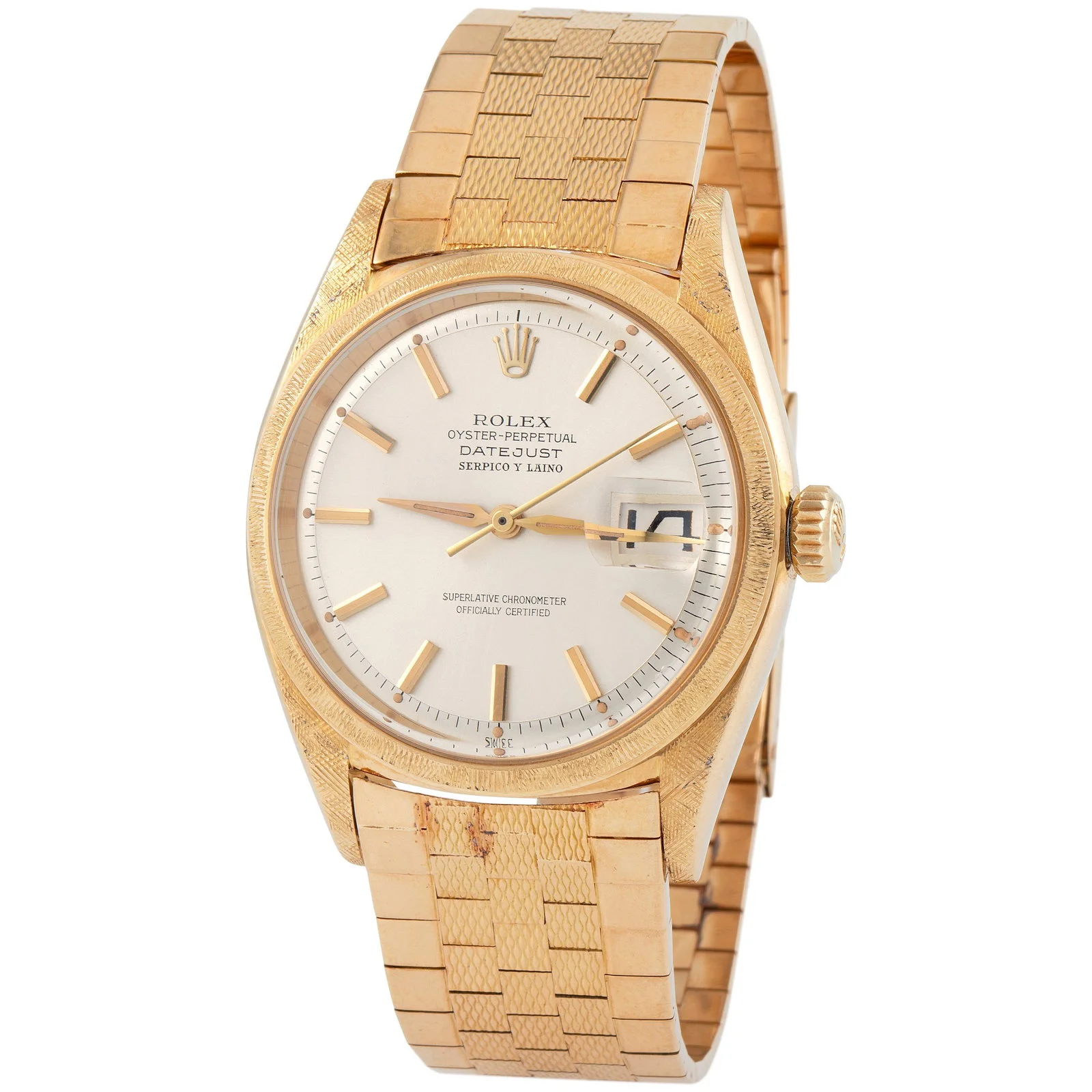 Yellow-gold Rolex Datejust catalogued as ref. 1602, with a textured case and matching bracelet