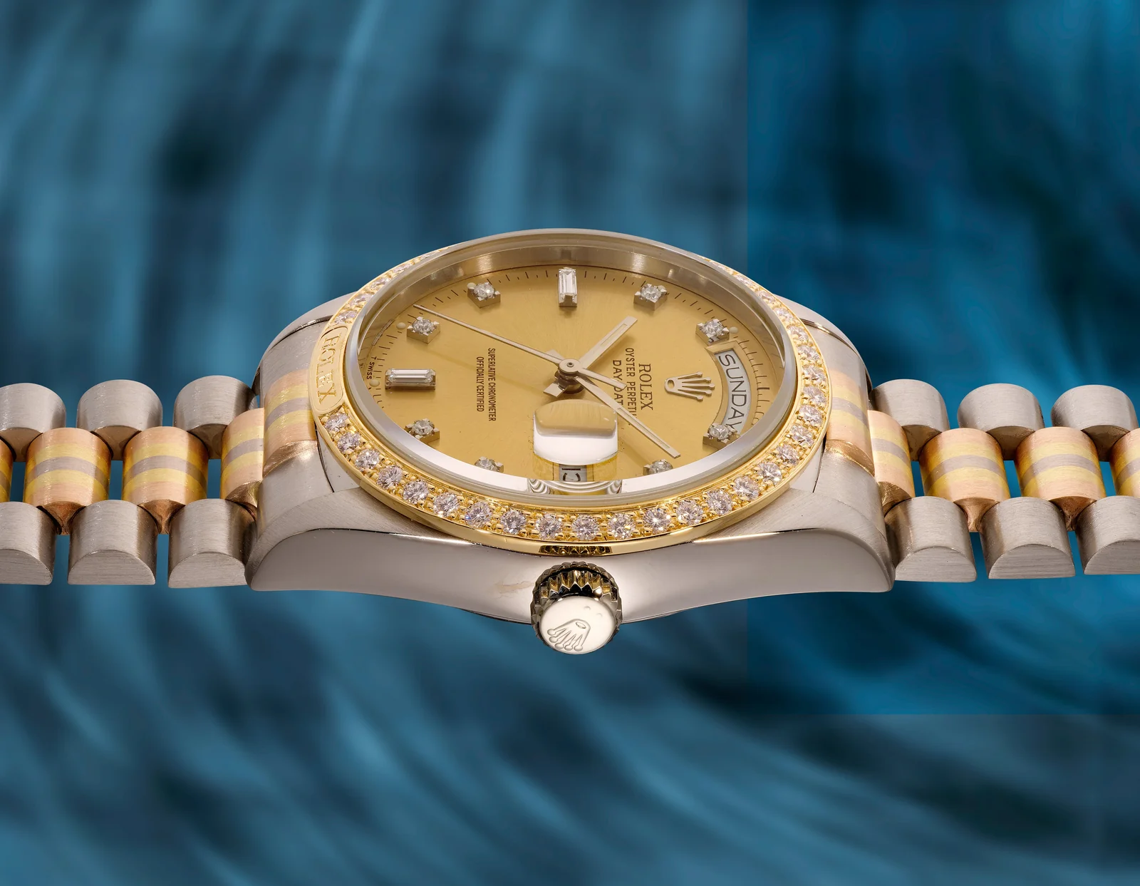 Crown-side view of Rolex 18129 case, Phillips 2026