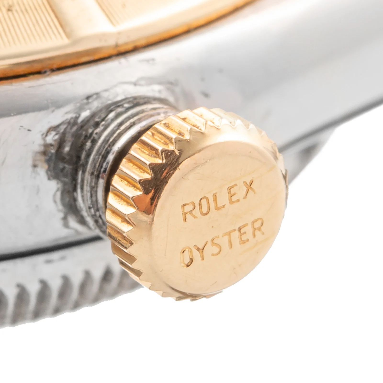 Antiquorum, 2021, lot 328: gold Oyster crown on the steel-and-gold case.