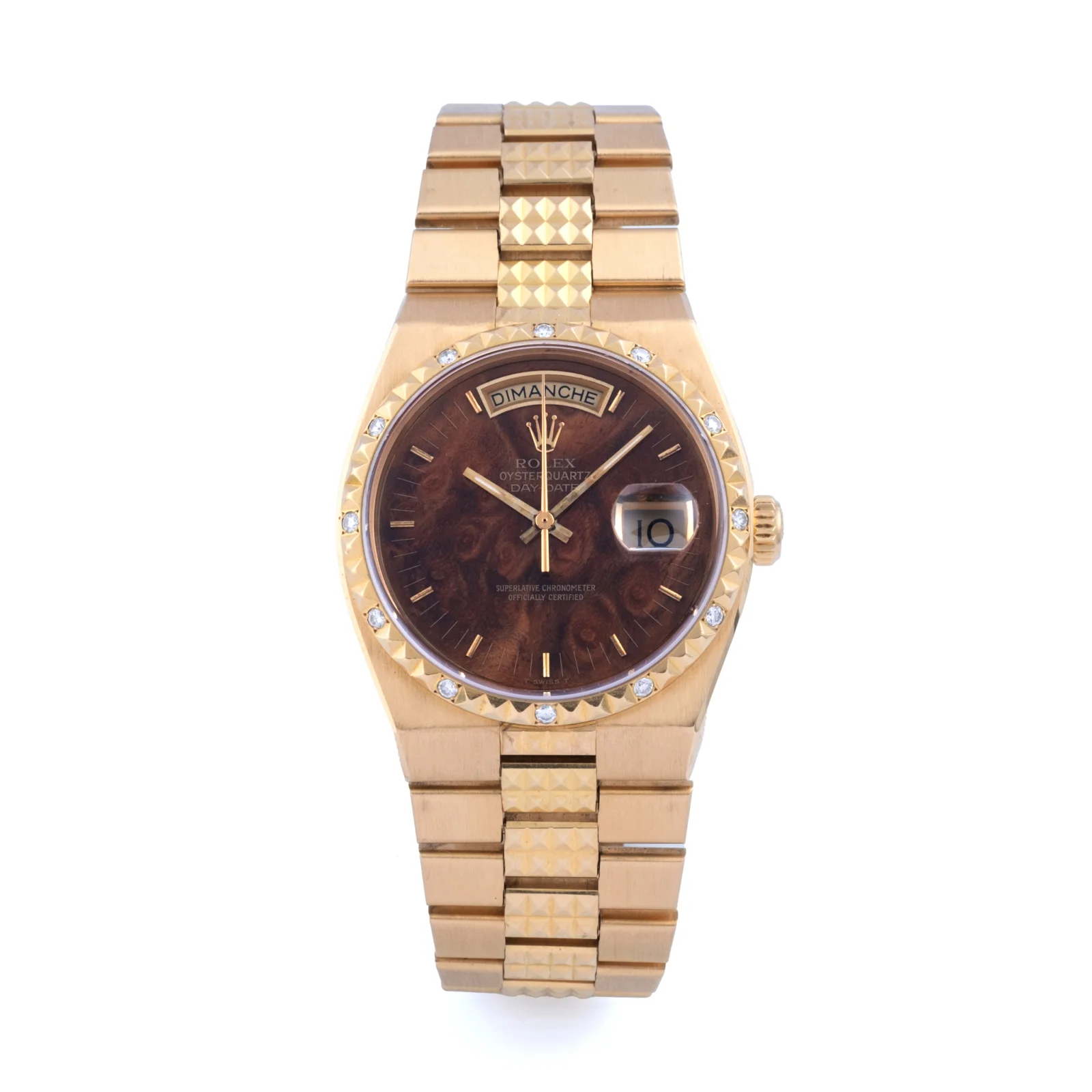 Yellow-gold Rolex Day-Date Oysterquartz 19038 with a burlwood dial and diamond-set pyramid bezel