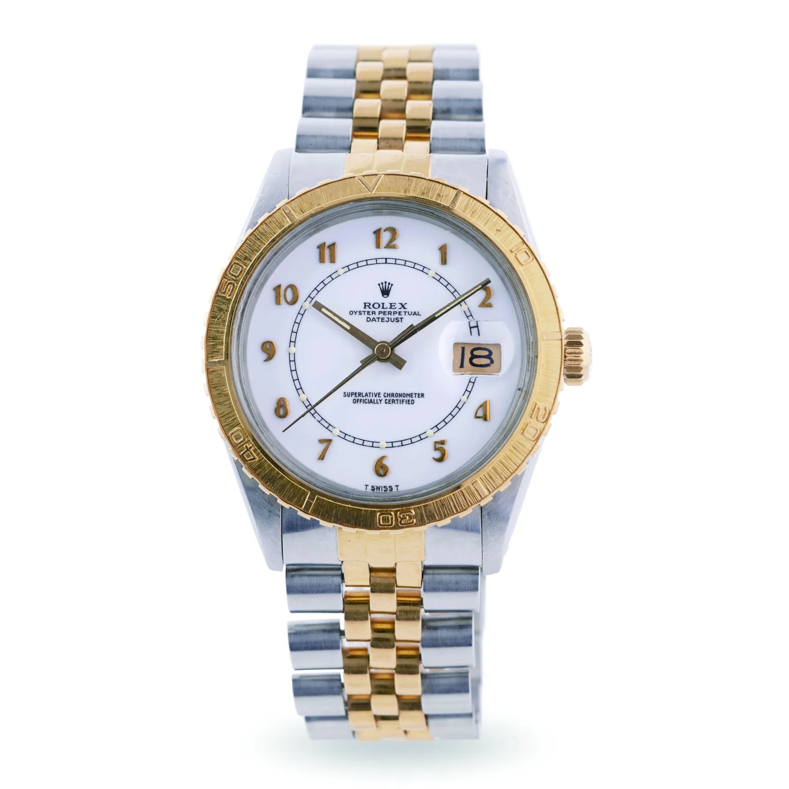 Front view of a steel-and-gold Rolex 16253 with a white dial and applied gold Arabic numerals