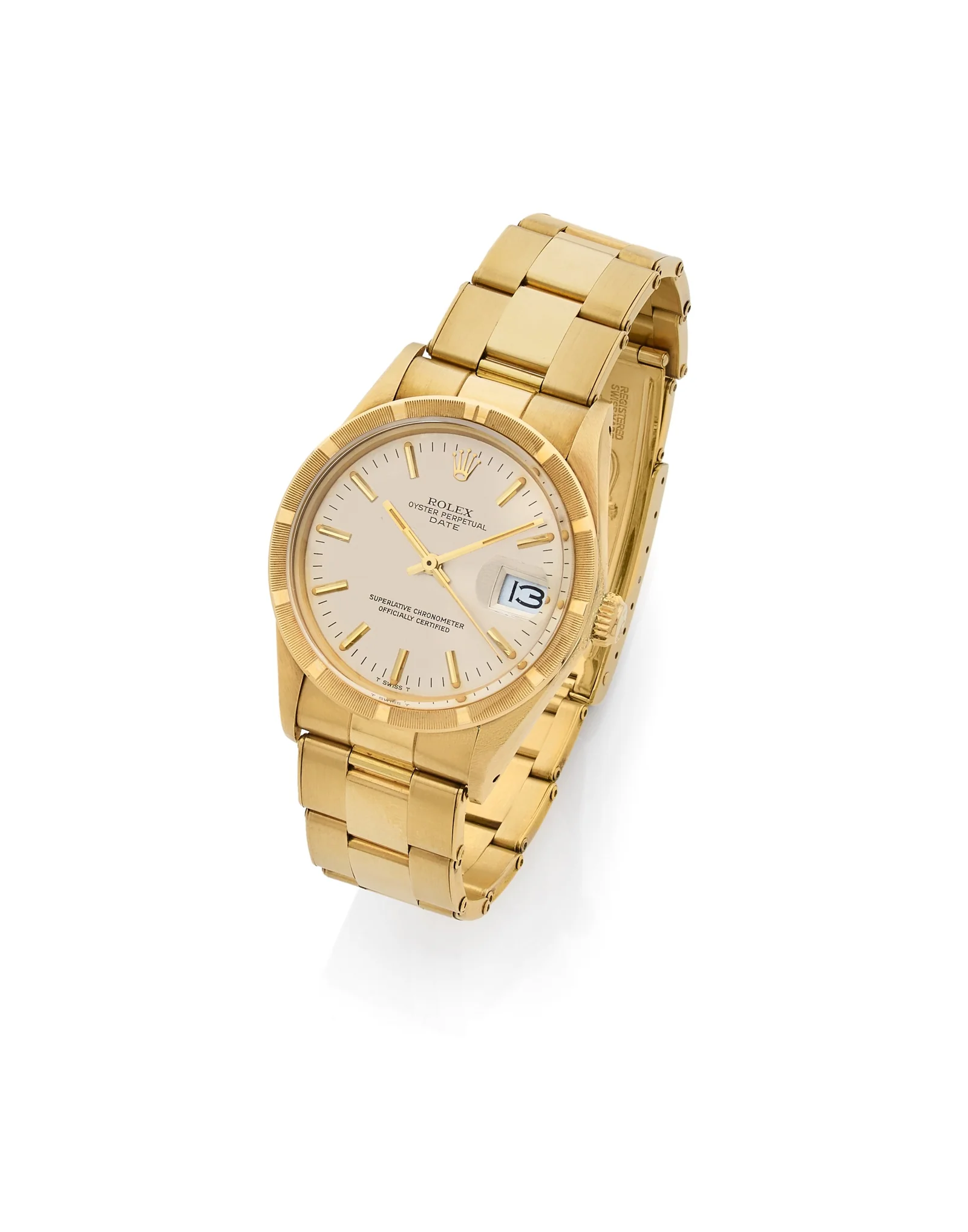 18K yellow-gold Rolex Oyster Perpetual Date ref. 15018 with silvered baton dial and gold Oyster bracelet