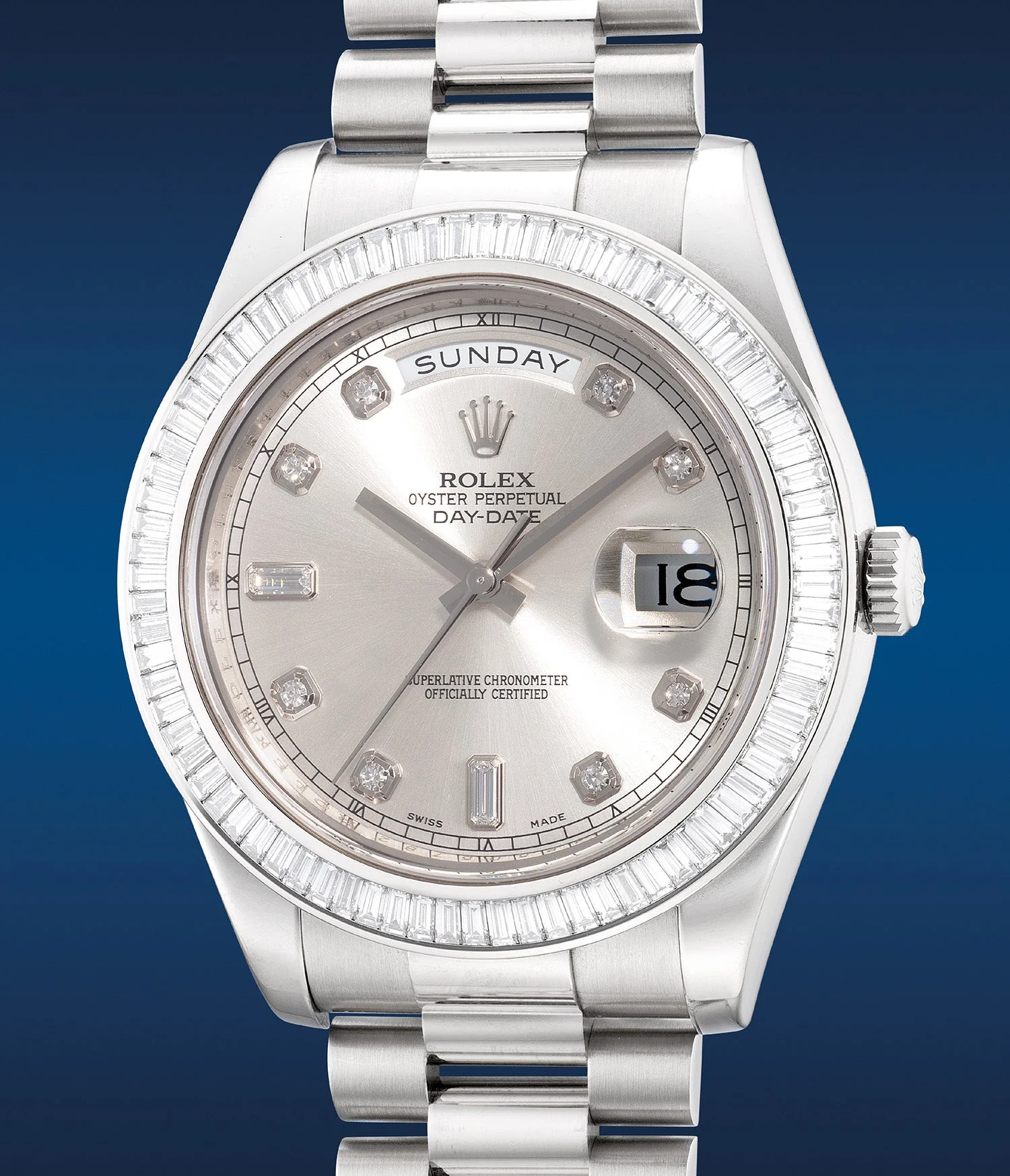 Silver sunburst dial with diamond indexes on white-gold Day-Date II reference 218399BR