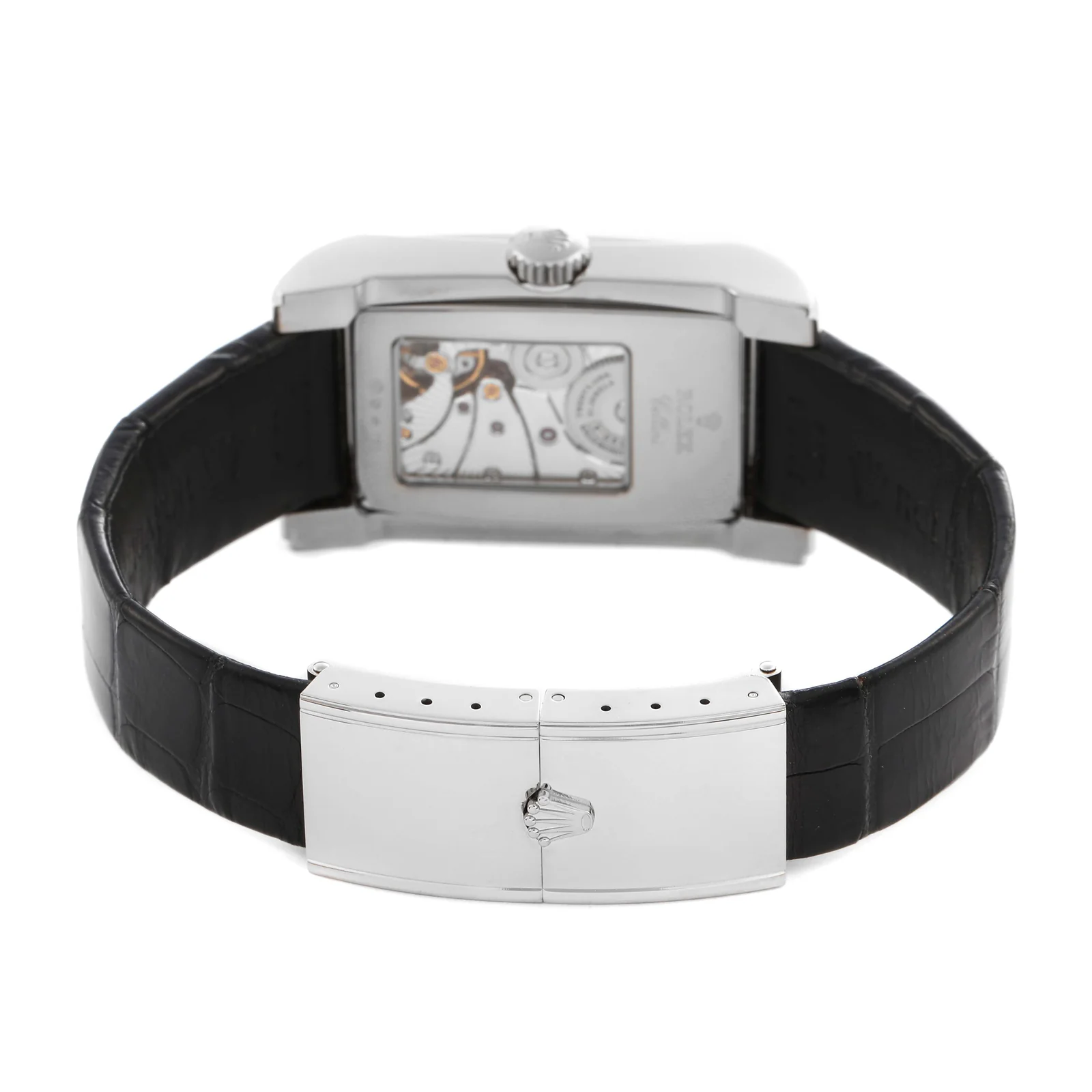 Rear view of the display back, strap and white-gold clasp on a Rolex Cellini Prince 5443/9