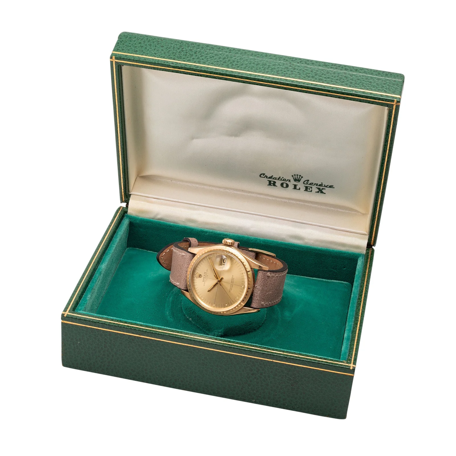 Monaco Legend lot 137 displayed in a Rolex presentation box; period and reference match are unverified