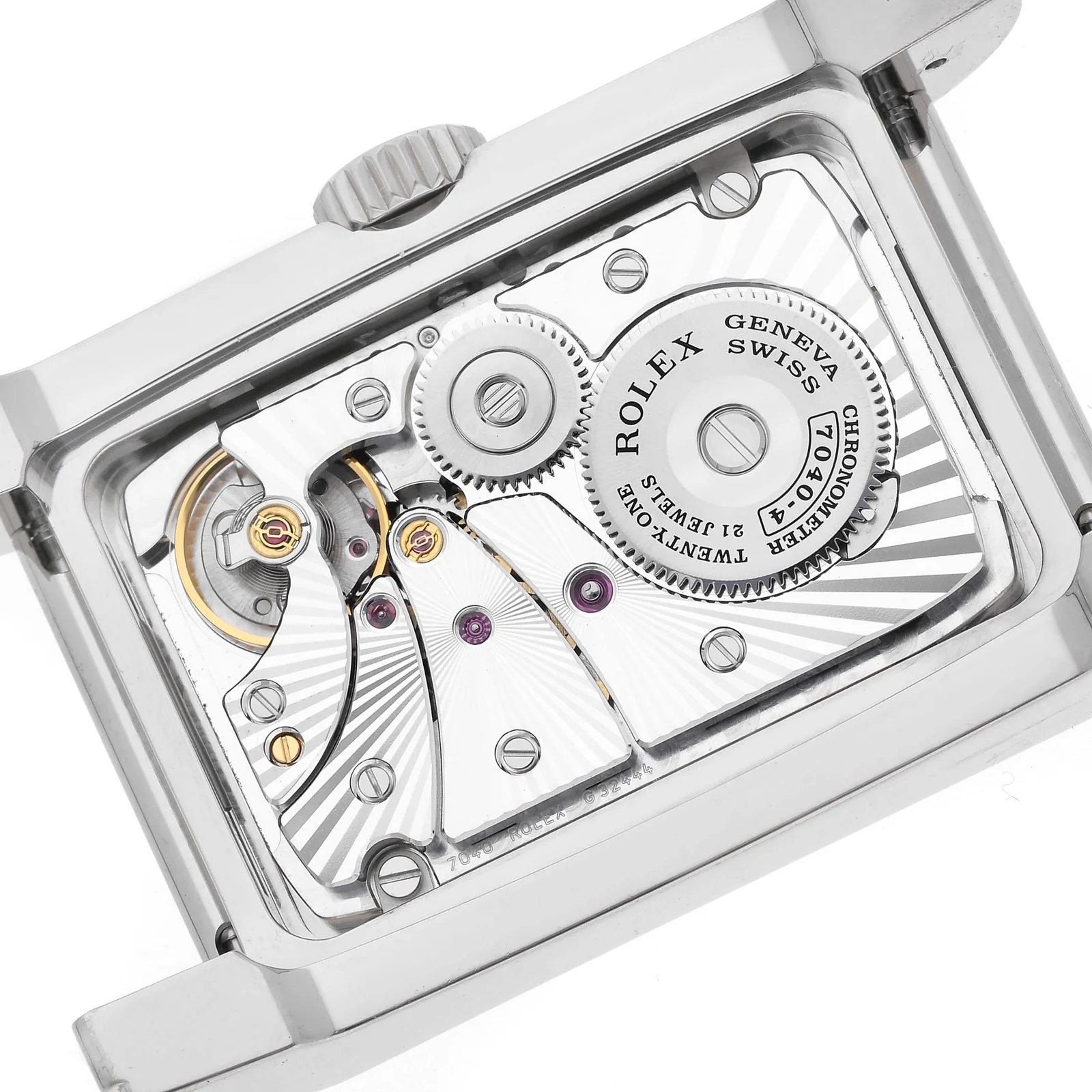 Cal. 7040-4 visible through the display back of a Rolex Cellini Prince 5443/9