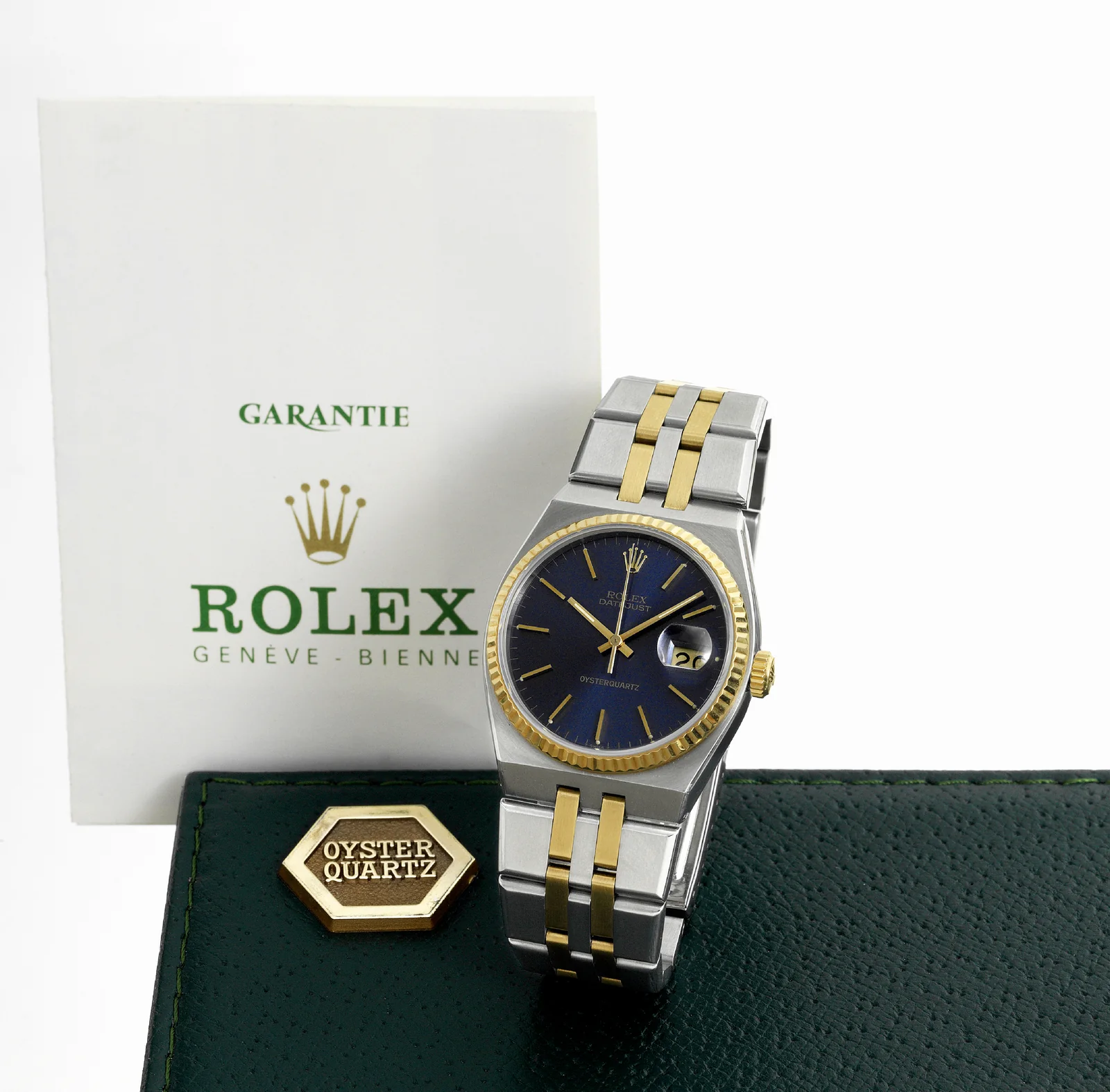 Two-tone Rolex Datejust Oysterquartz reference 17013 with blue dial and fluted bezel