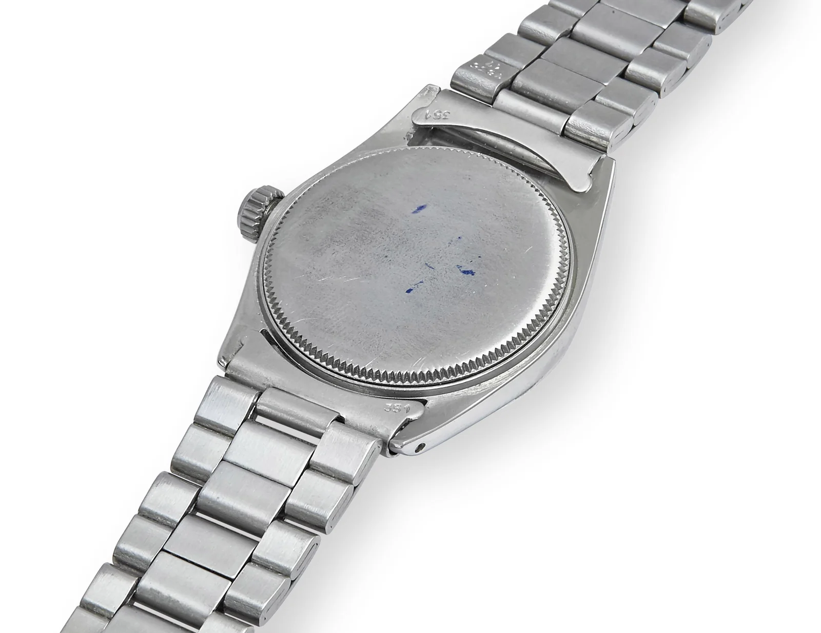 Exterior caseback and bracelet of the black-dial Rolex Speedking ref. 6430 in Christie's circa-1963 lot
