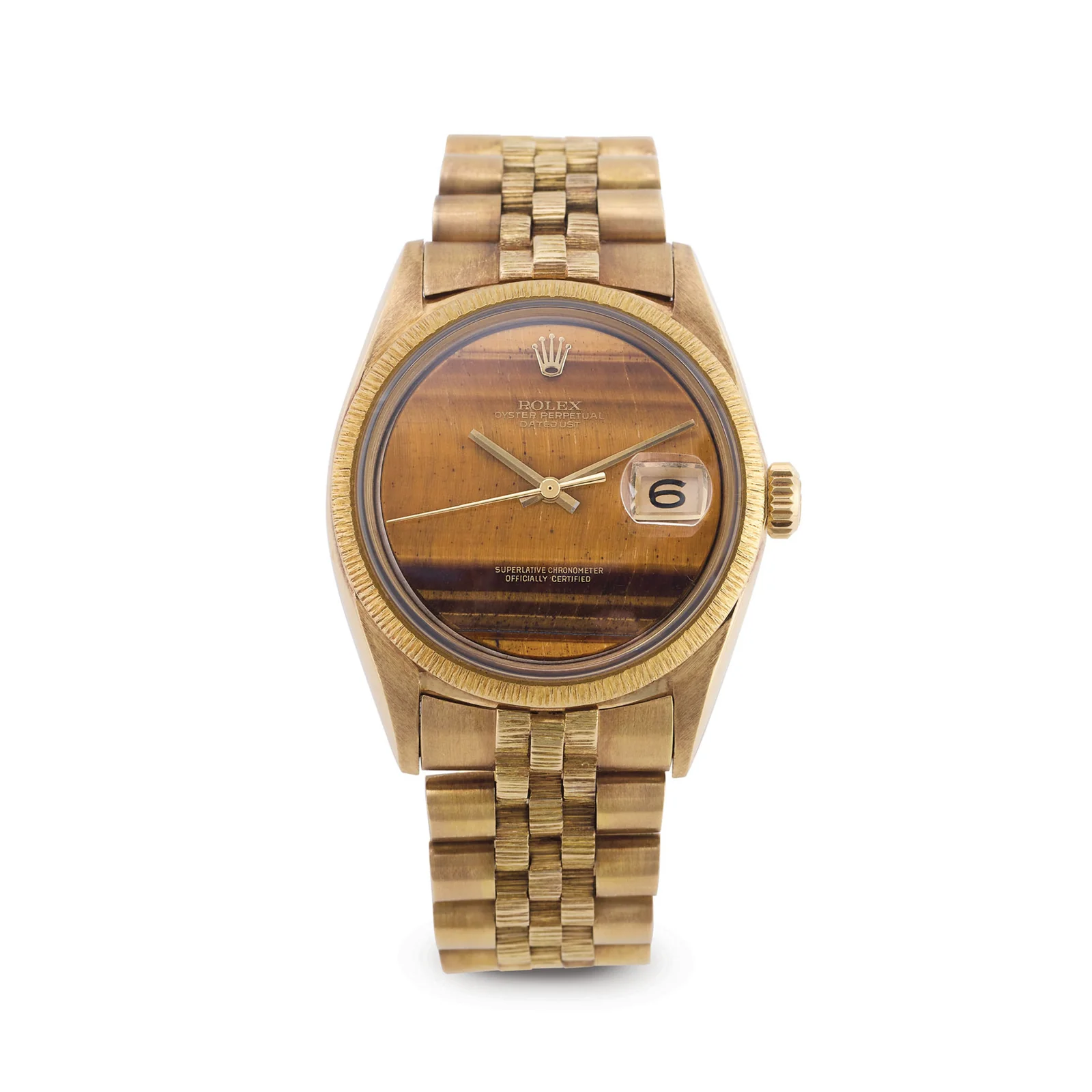 18K yellow-gold Rolex Datejust 1607 with tiger's-eye dial and bark-finish bezel