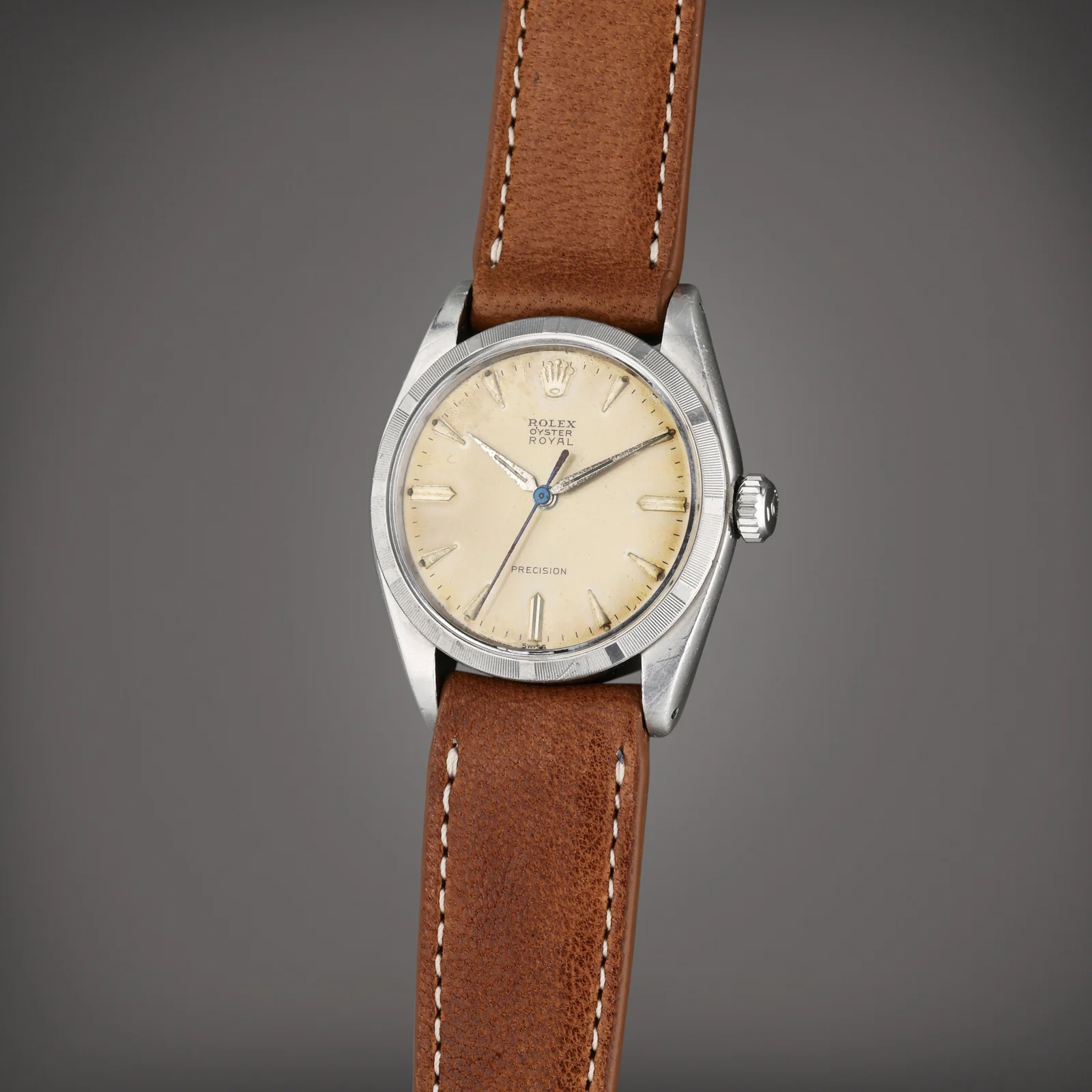 Steel Rolex Oyster Precision 6427 with a silvered dial and engine-turned bezel