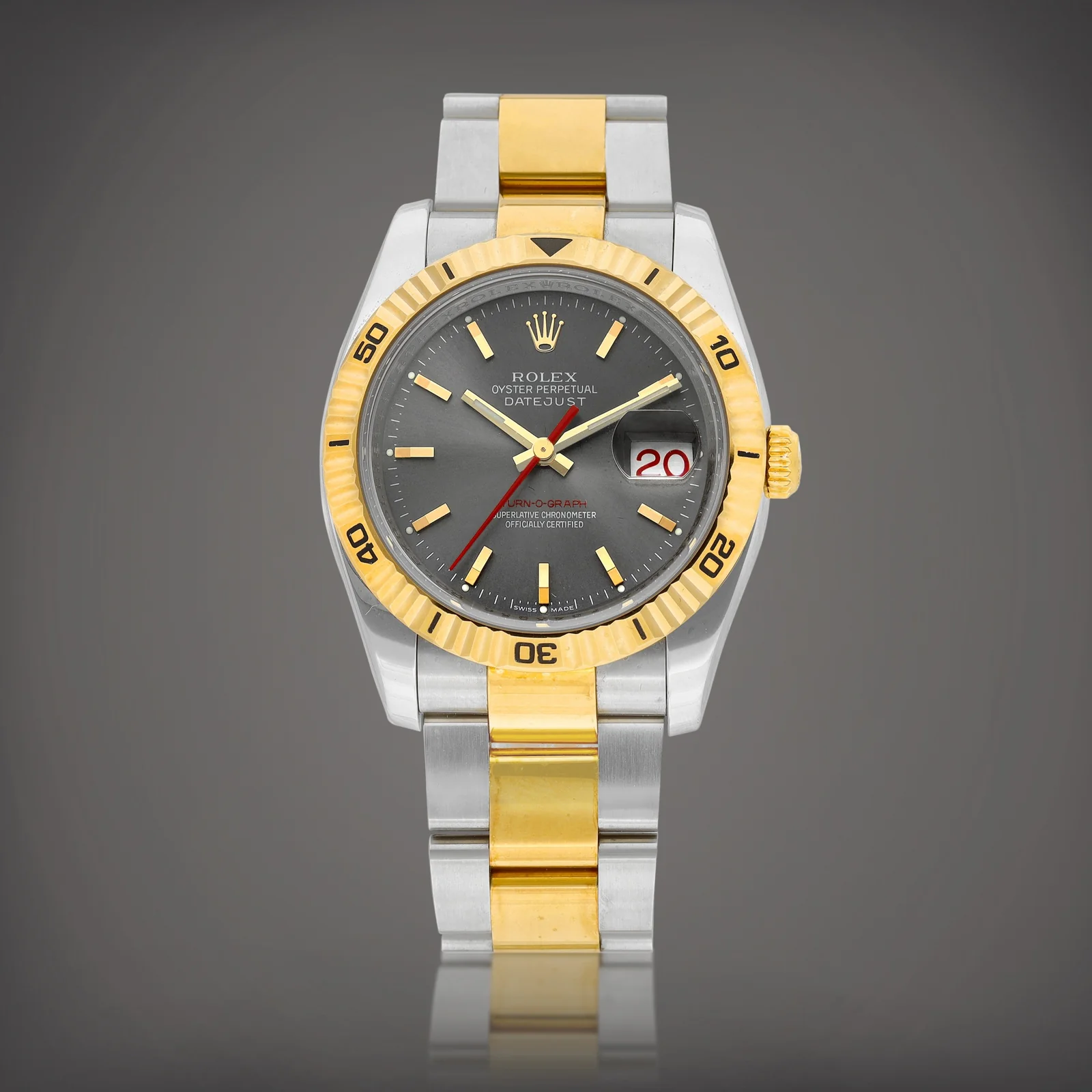 Rolex Datejust Turn-O-Graph 116263 with a grey dial, yellow-gold bezel and two-tone Oyster bracelet