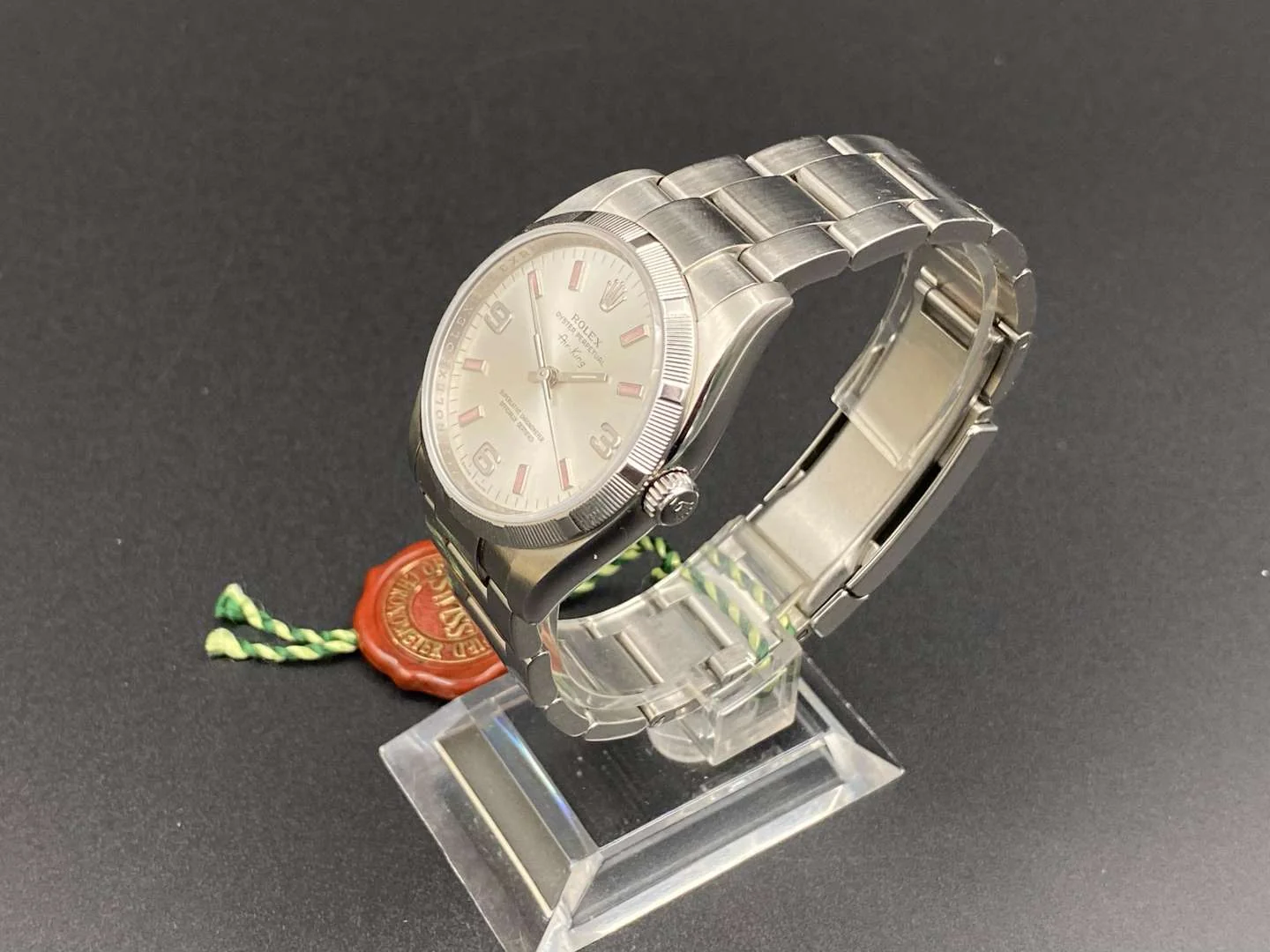 Rolex Air-King 114210 with a silvered 3-6-9 dial and engine-turned bezel