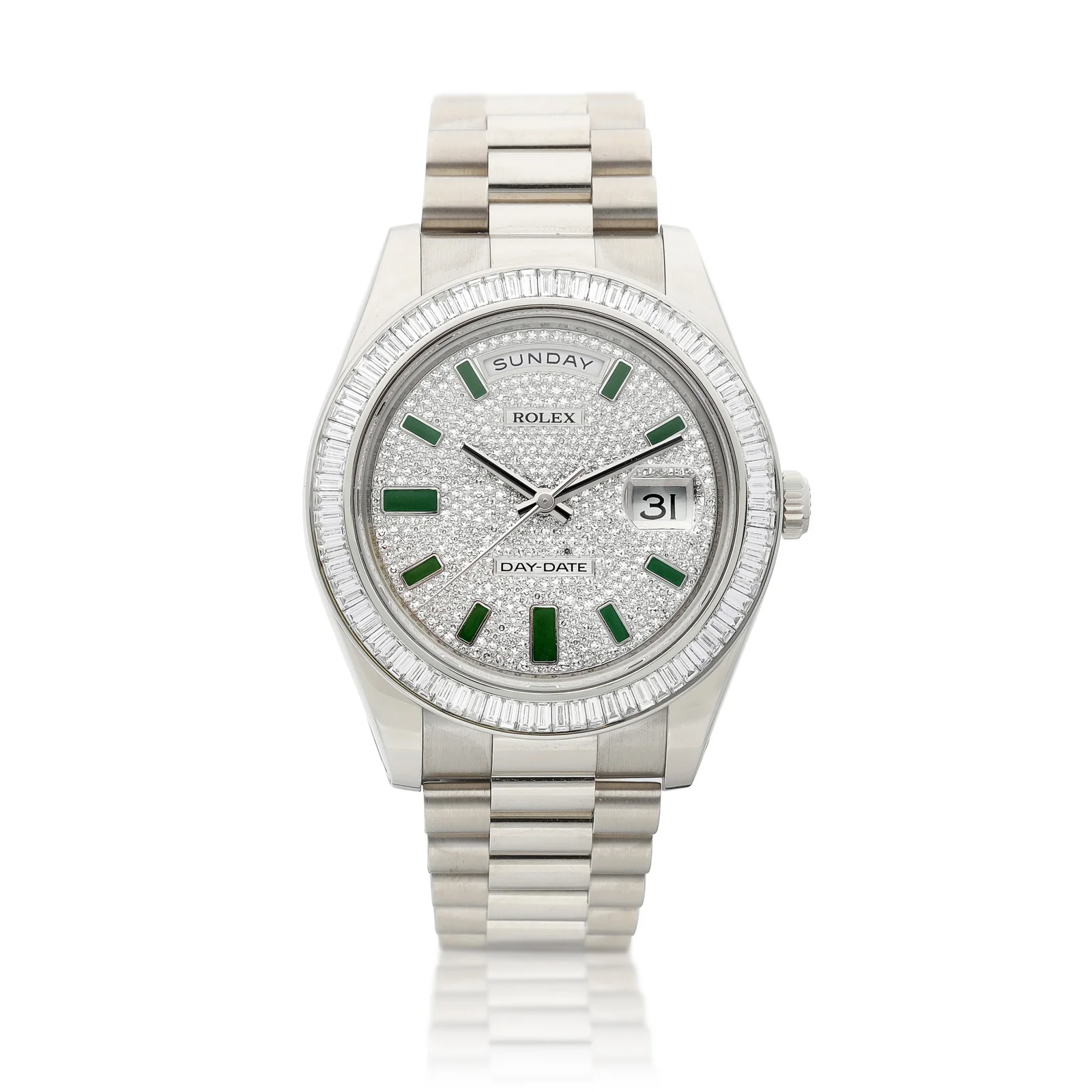 White-gold Day-Date II with baguette bezel, pavé dial and green enamel markers
