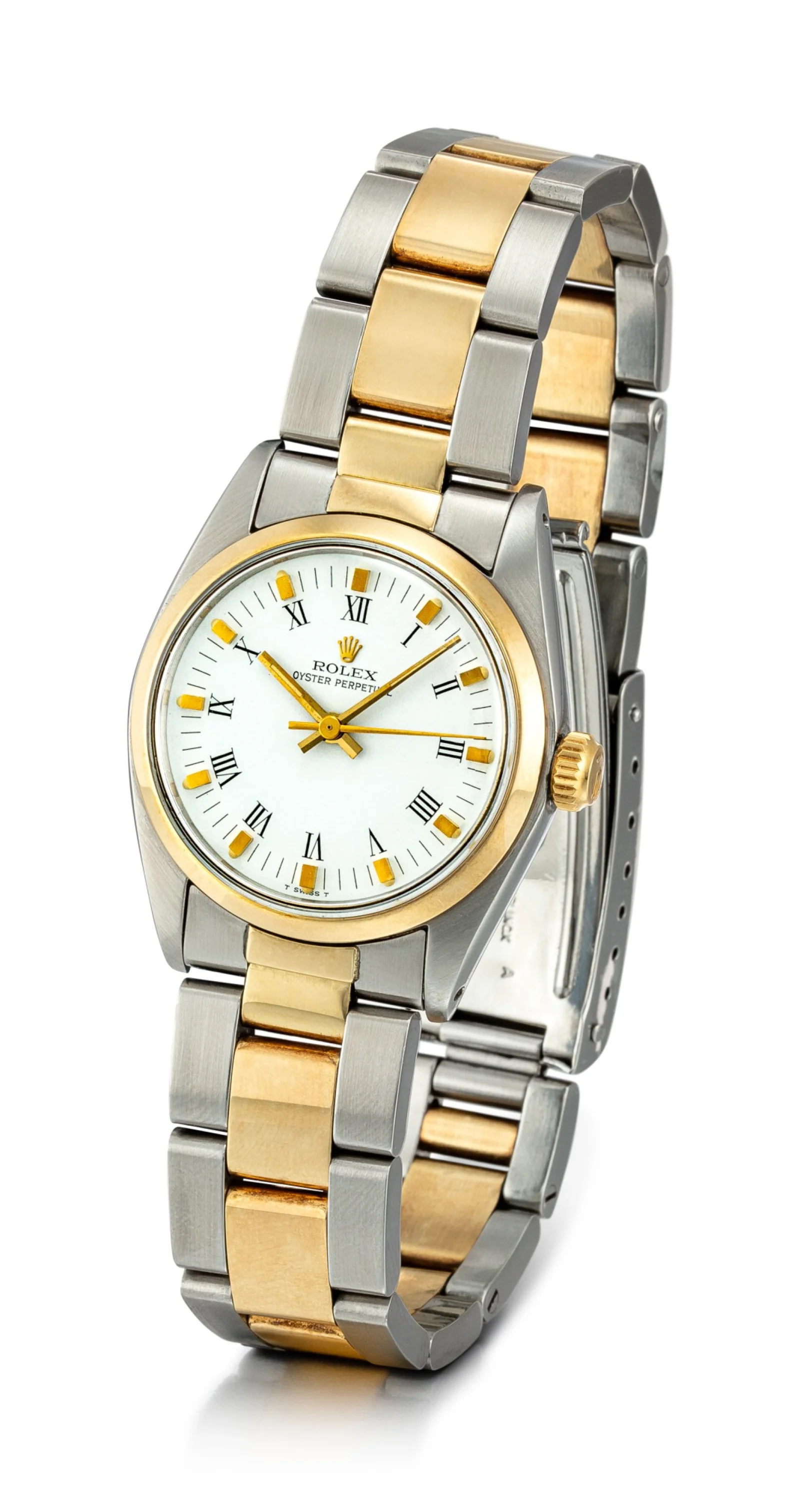 Two-tone Rolex Oyster Perpetual 6748 with white Roman dial, fluted yellow-gold bezel and Oyster bracelet